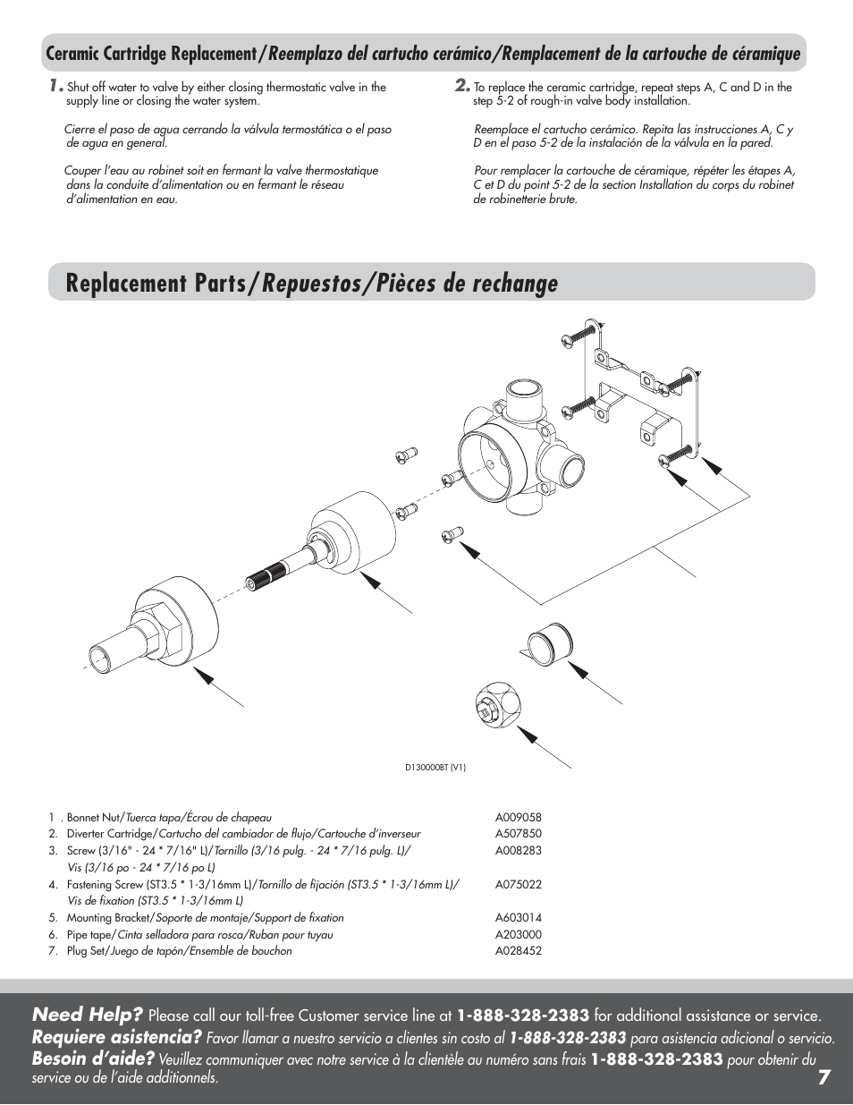 Replacement parts/ repuestos/pièces de rechange, Need help, Requiere asistencia | Besoin d’aide | Danze D130000BT - Installation Manual User Manual | Page 7 / 7