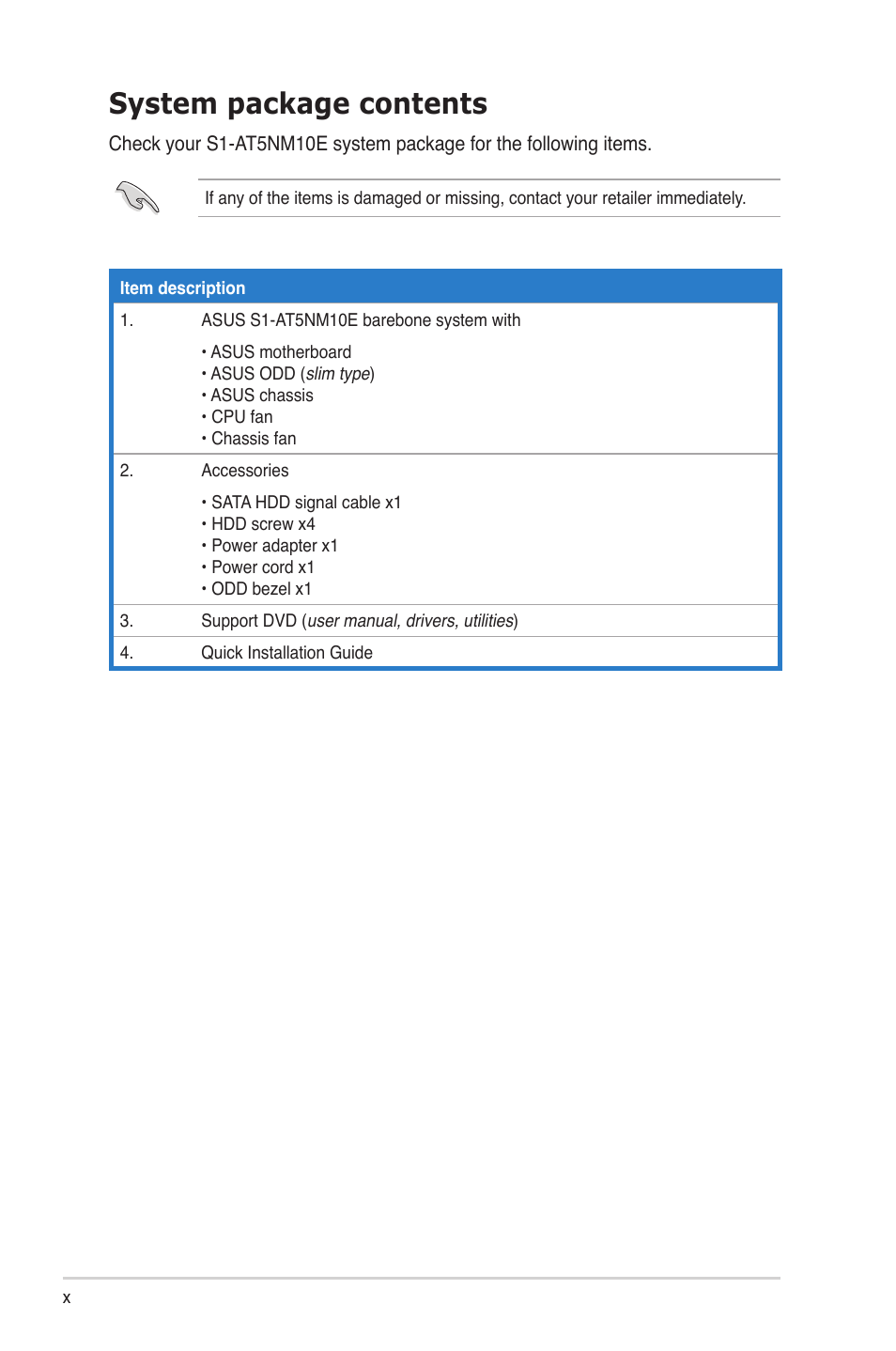 System package contents | Asus S1-AT5NM10E User Manual | Page 10 / 68