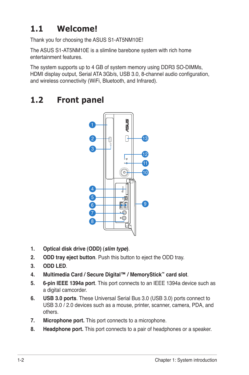 1 welcome, 2 front panel, Welcome! -2 | Front panel -2 | Asus S1-AT5NM10E User Manual | Page 12 / 68