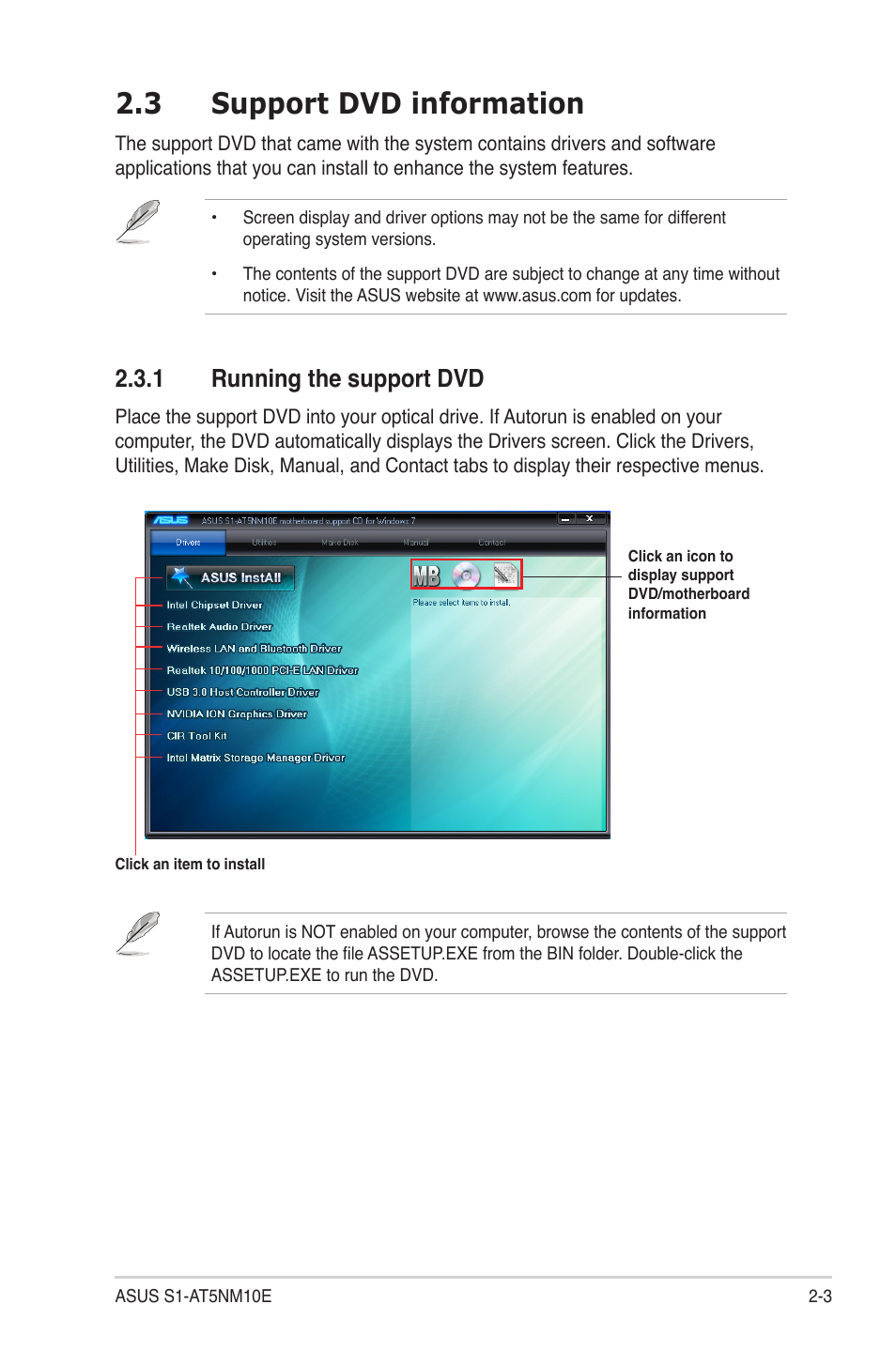 3 support dvd information, 1 running the support dvd, Support dvd information -3 2.3.1 | Running the support dvd -3 | Asus S1-AT5NM10E User Manual | Page 19 / 68