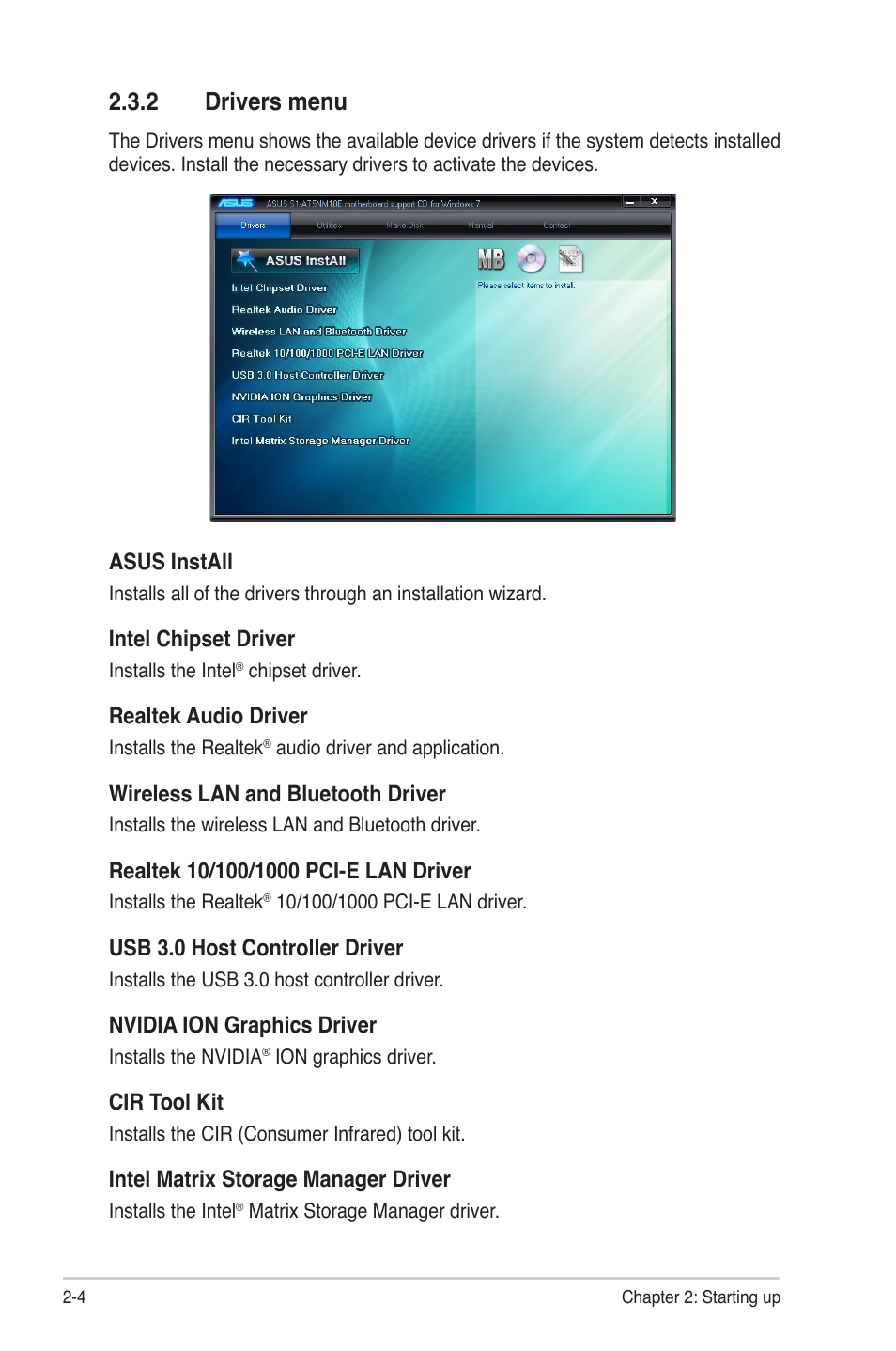 2 drivers menu, Drivers menu -4 | Asus S1-AT5NM10E User Manual | Page 20 / 68