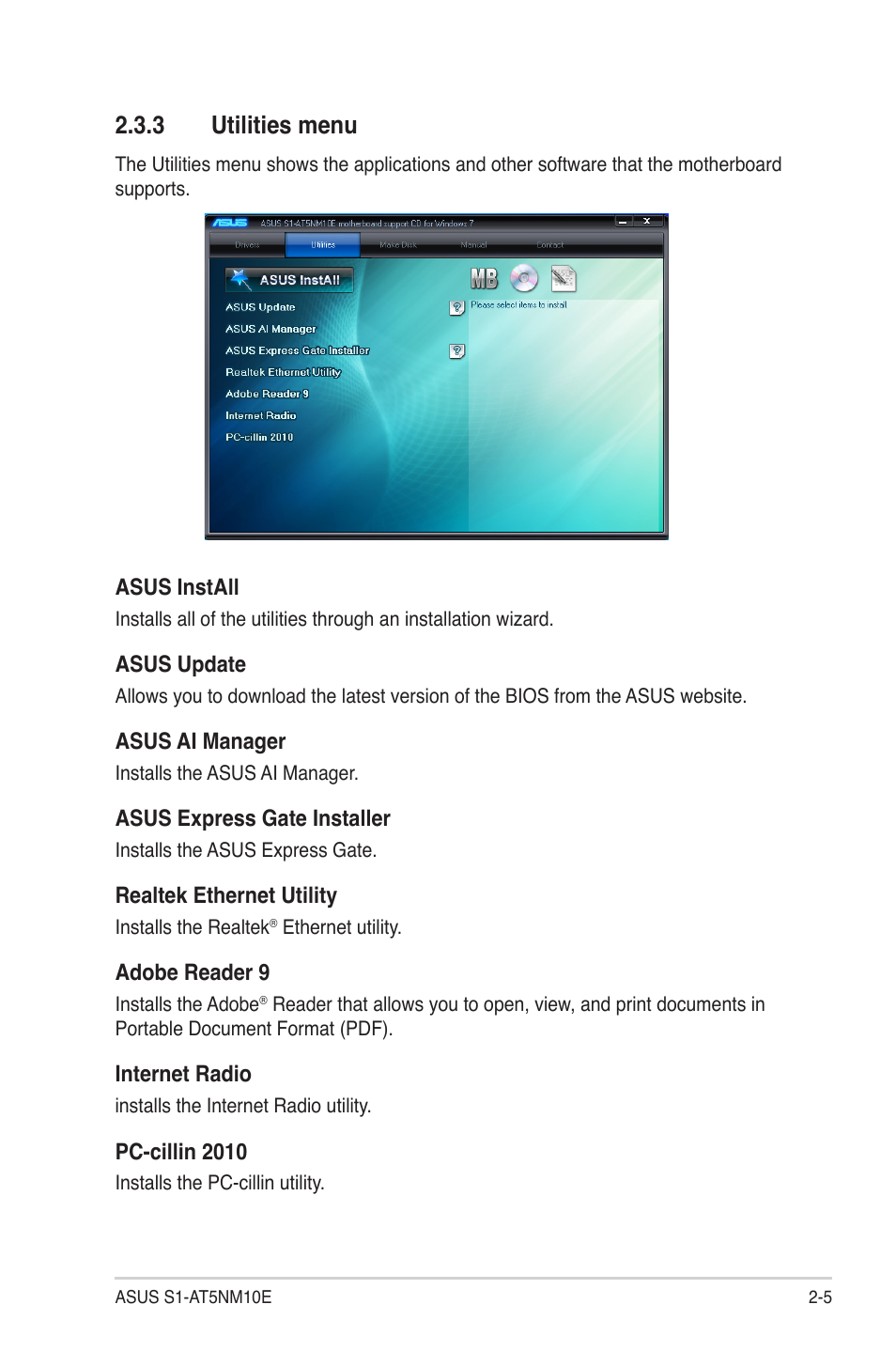 3 utilities menu, Utilities menu -5 | Asus S1-AT5NM10E User Manual | Page 21 / 68