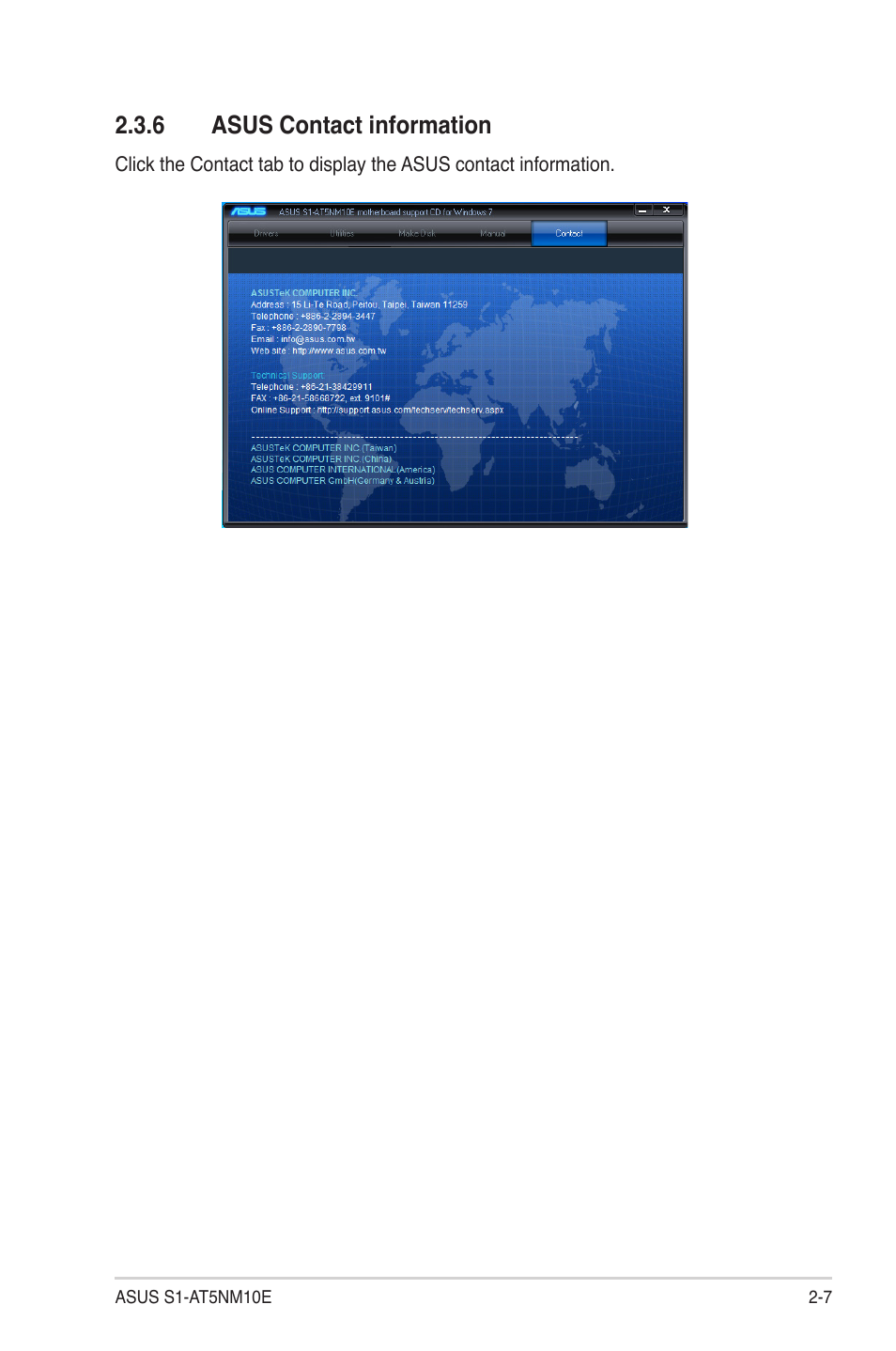 6 asus contact information, Asus contact information -7 | Asus S1-AT5NM10E User Manual | Page 23 / 68