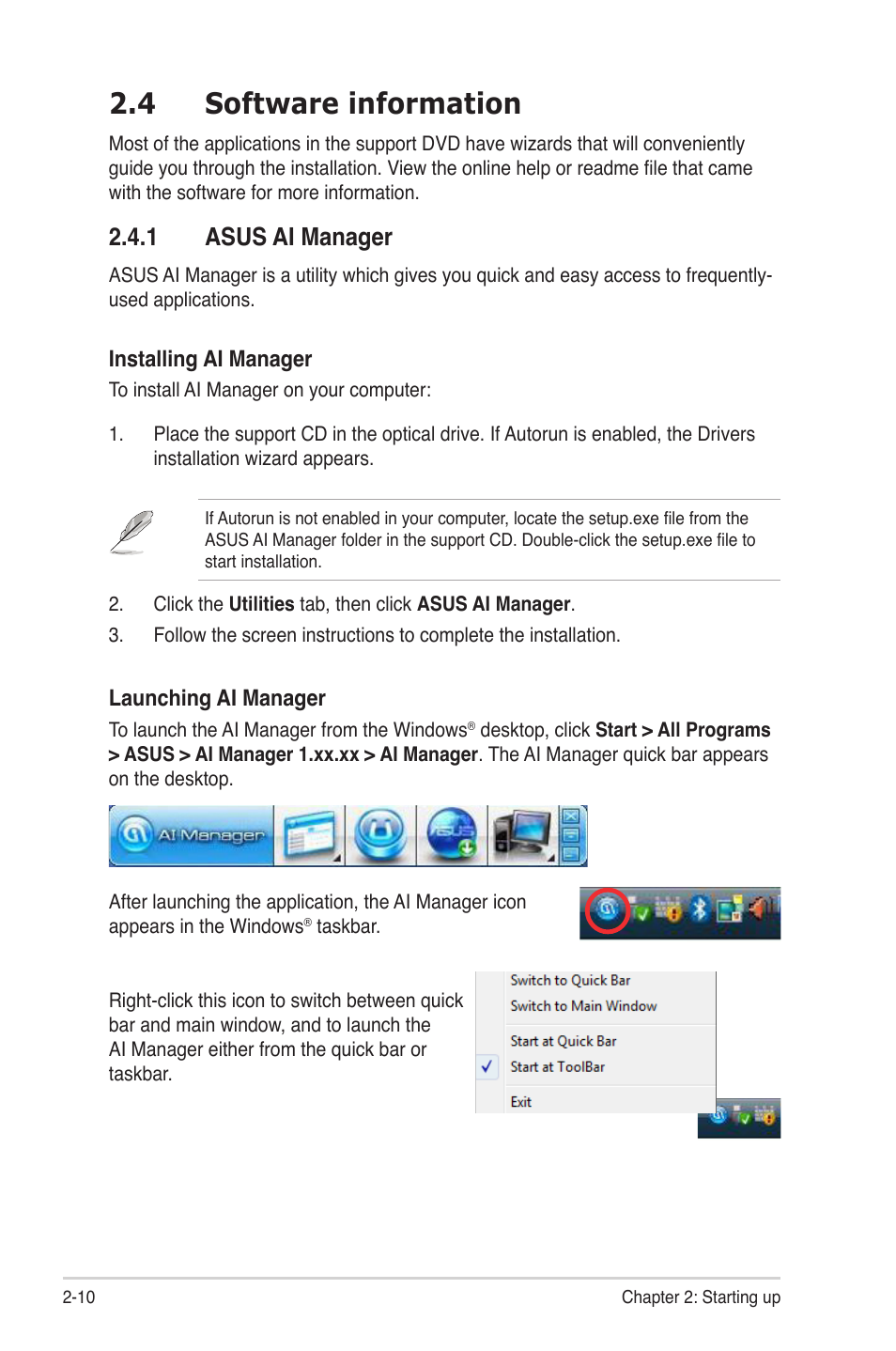 4 software information, 1 asus ai manager, Software information -10 2.4.1 | Asus ai manager -10 | Asus S1-AT5NM10E User Manual | Page 26 / 68