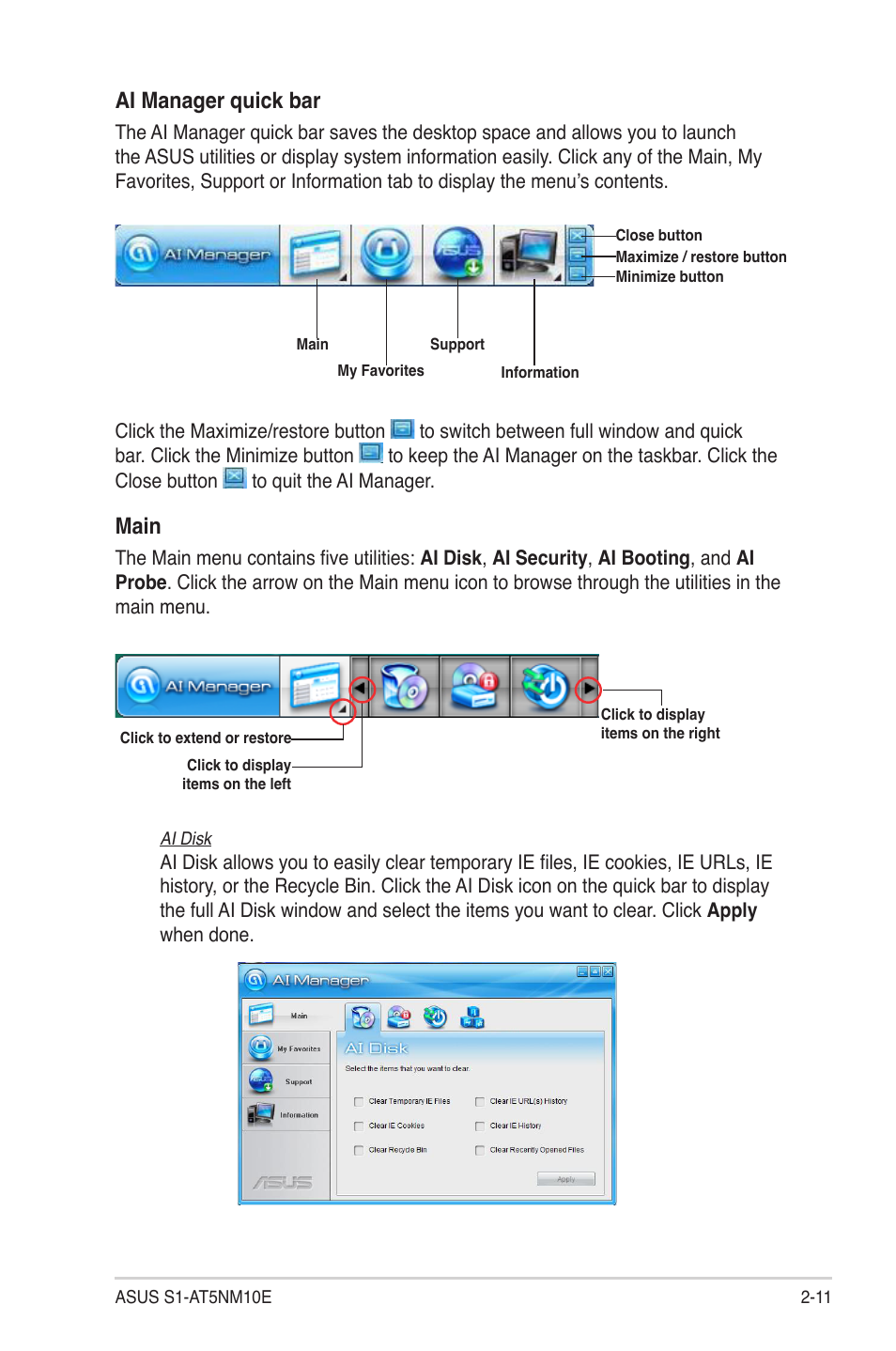 Ai manager quick bar, Main | Asus S1-AT5NM10E User Manual | Page 27 / 68