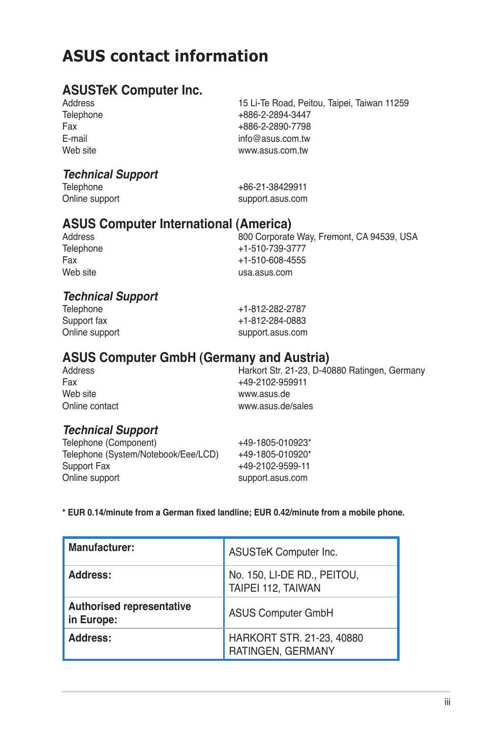 Asus contact information, Asustek computer inc, Asus computer international (america) | Asus computer gmbh (germany and austria), Technical support | Asus S1-AT5NM10E User Manual | Page 3 / 68