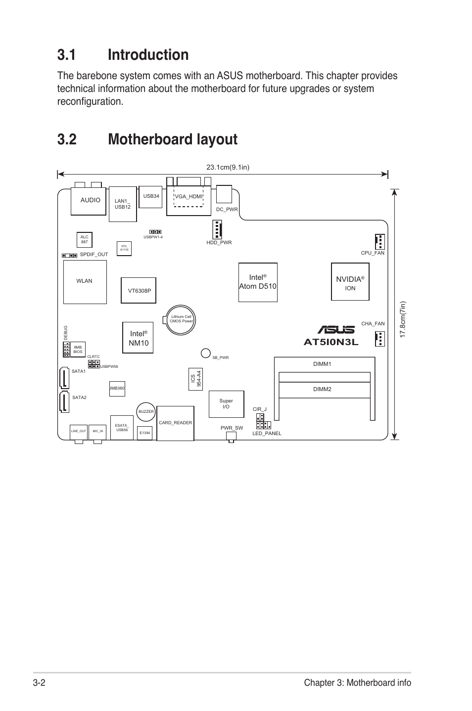 1 introduction, 2 motherboard layout, Introduction -2 | Motherboard layout -2, 2 chapter 3: motherboard info, At5i0n3l | Asus S1-AT5NM10E User Manual | Page 34 / 68