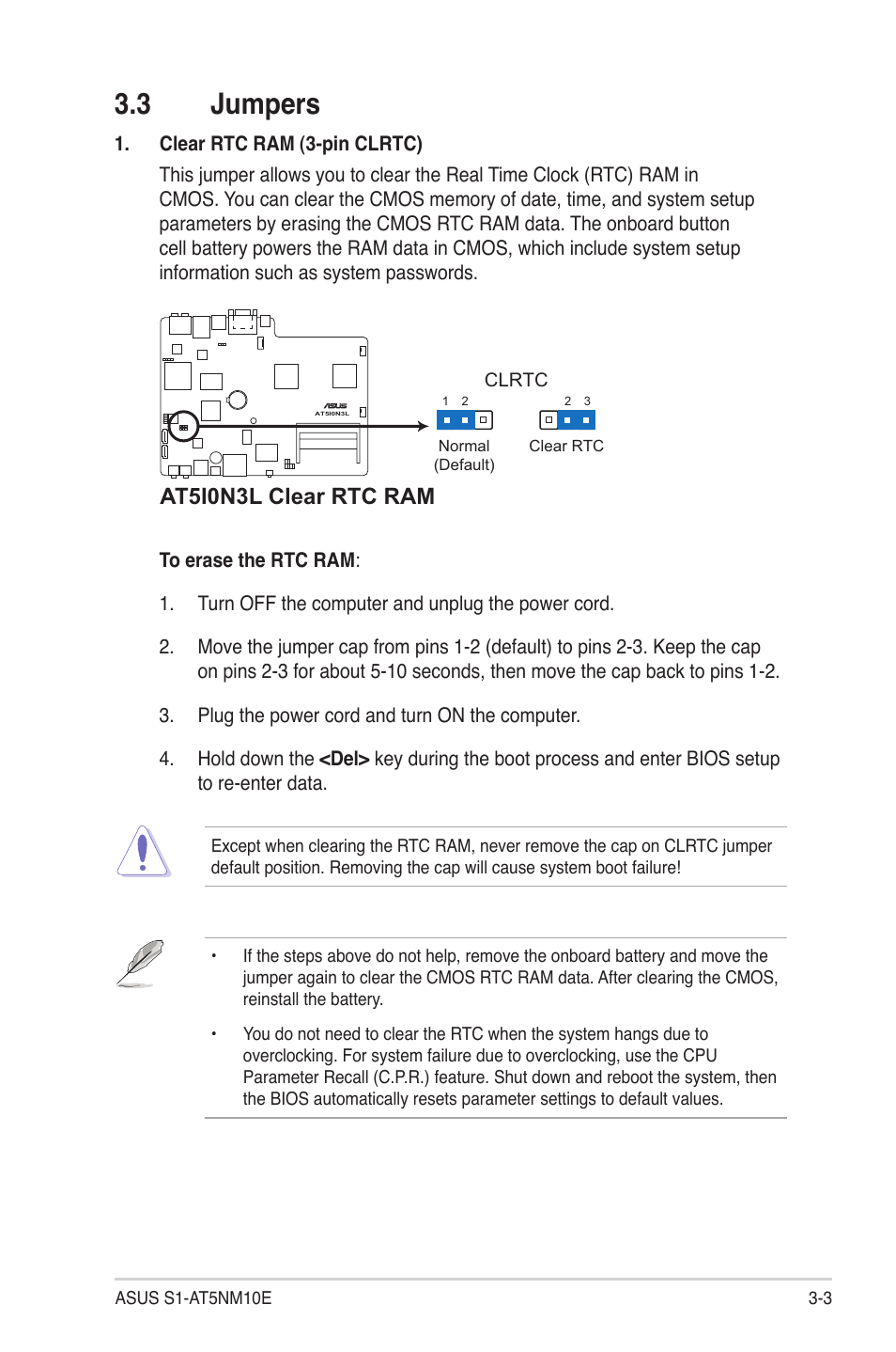 3 jumpers, Jumpers -3, At5i0n3l clear rtc ram | Asus S1-AT5NM10E User Manual | Page 35 / 68