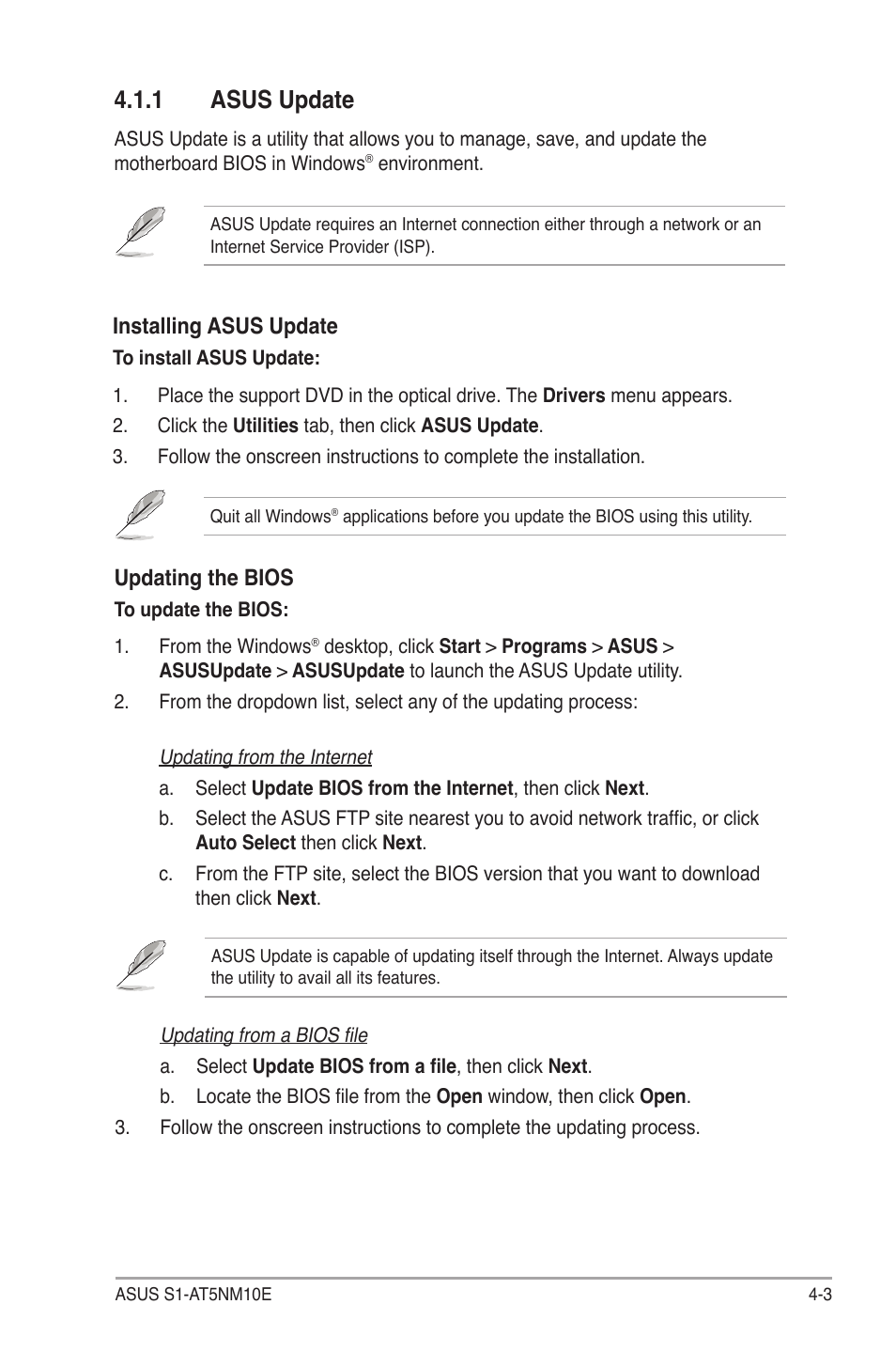 1 asus update, Asus update -3, Updating the bios | Installing asus update | Asus S1-AT5NM10E User Manual | Page 41 / 68