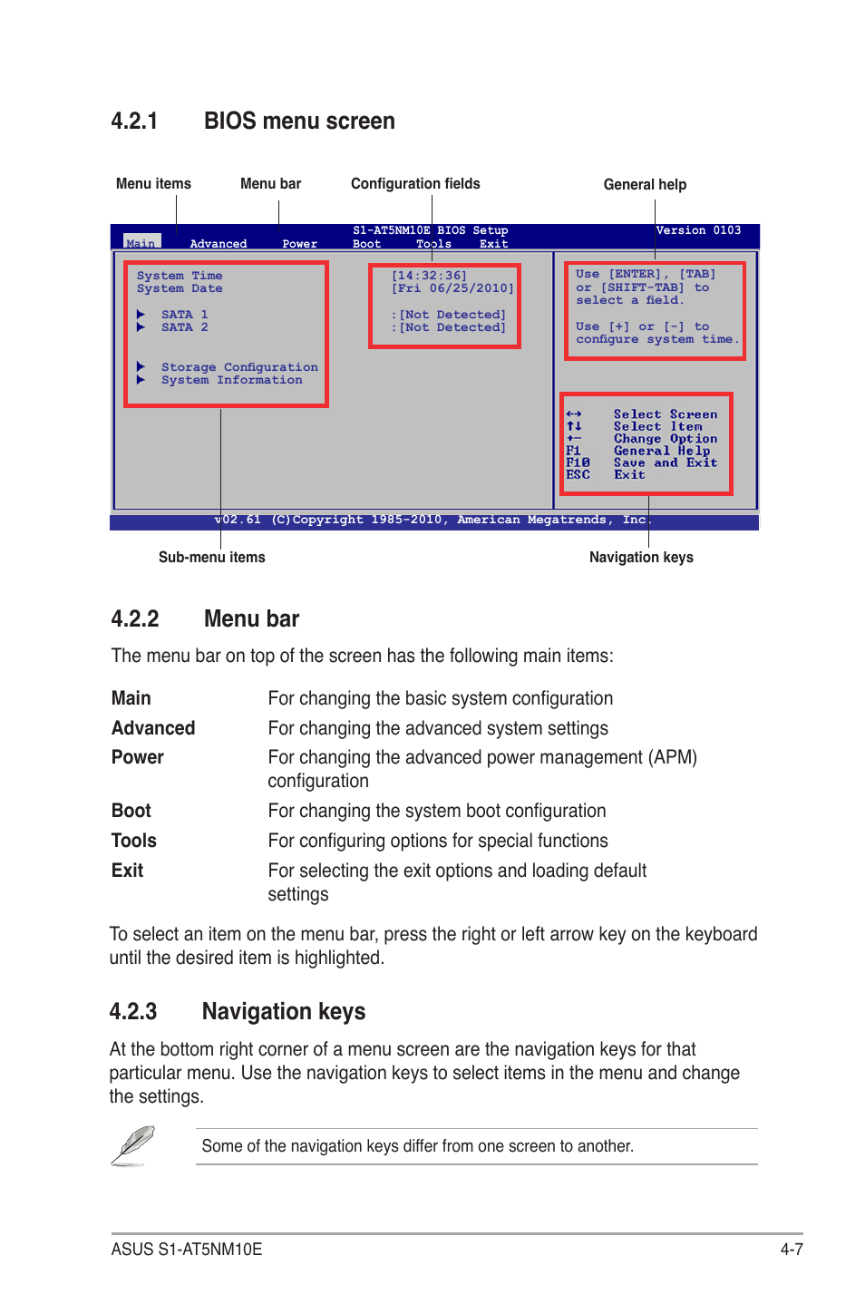 1 bios menu screen, 2 menu bar, 3 navigation keys | Bios menu screen -7, Menu bar -7, Navigation keys -7 | Asus S1-AT5NM10E User Manual | Page 45 / 68