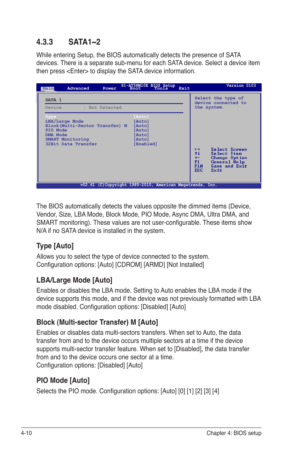 3 sata1~2, Sata1~2 -10, Select the type of device con- nected | Type [auto, Lba/large mode [auto, Block (multi-sector transfer) m [auto, Pio mode [auto | Asus S1-AT5NM10E User Manual | Page 48 / 68