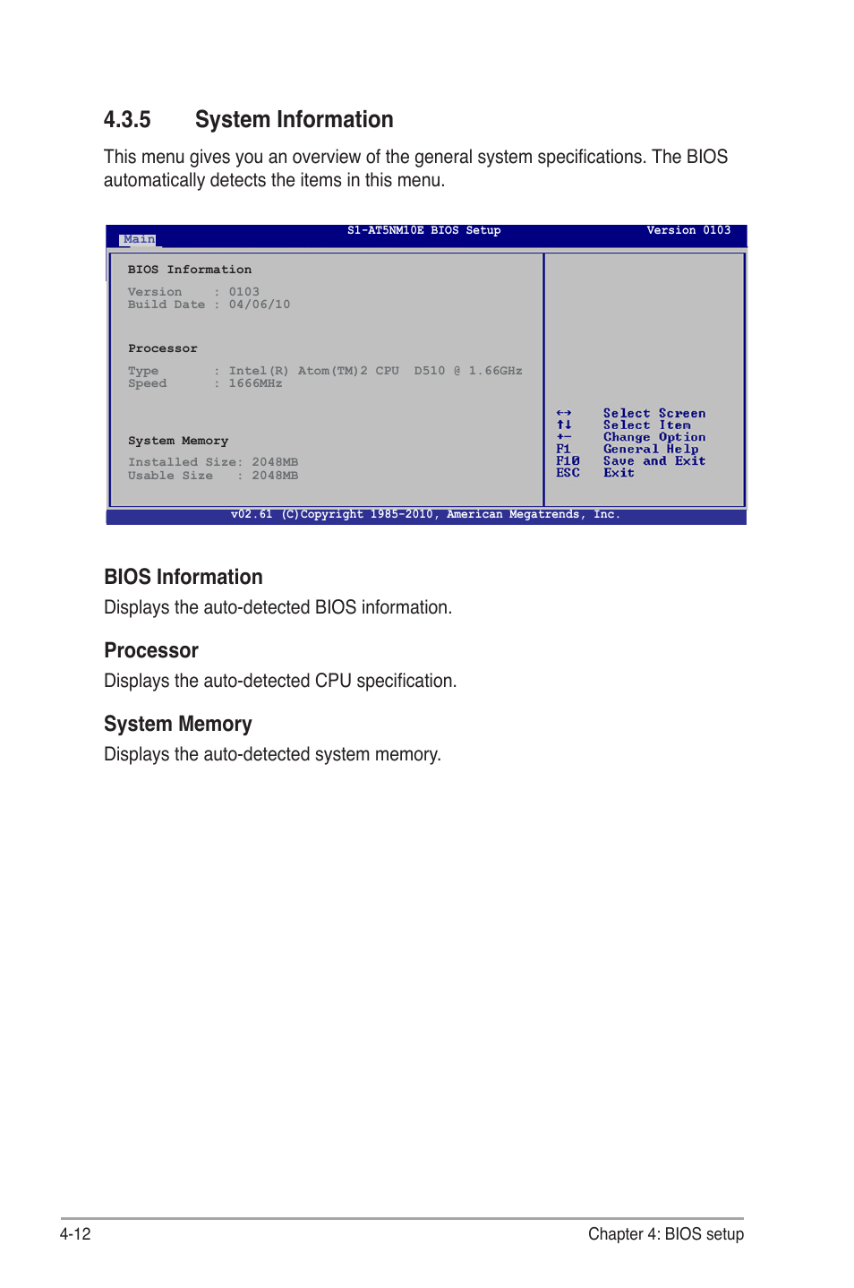 5 system information, System information -12, Select the type of device con- nected | Bios information, Processor | Asus S1-AT5NM10E User Manual | Page 50 / 68