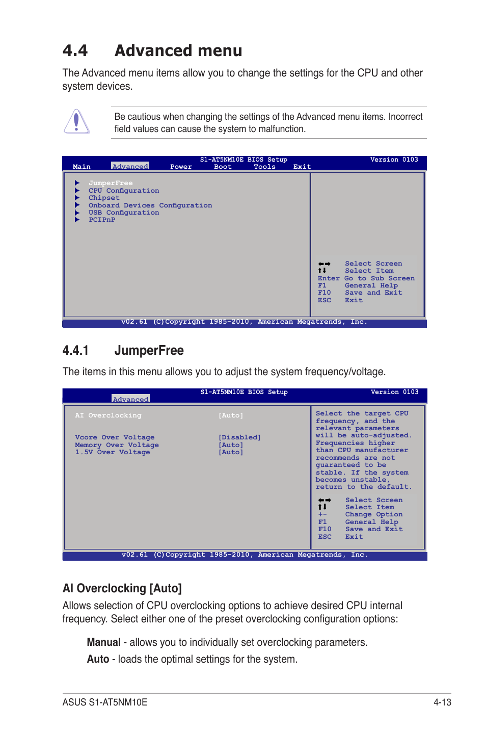 4 advanced menu, 1 jumperfree, Advanced menu -13 4.4.1 | Jumperfree -13, Ai overclocking [auto | Asus S1-AT5NM10E User Manual | Page 51 / 68