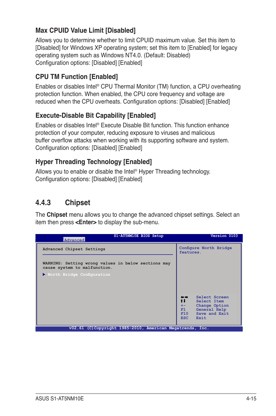 3 chipset, Chipset -15, Max cpuid value limit [disabled | Cpu tm function [enabled, Execute-disable bit capability [enabled, Hyper threading technology [enabled | Asus S1-AT5NM10E User Manual | Page 53 / 68