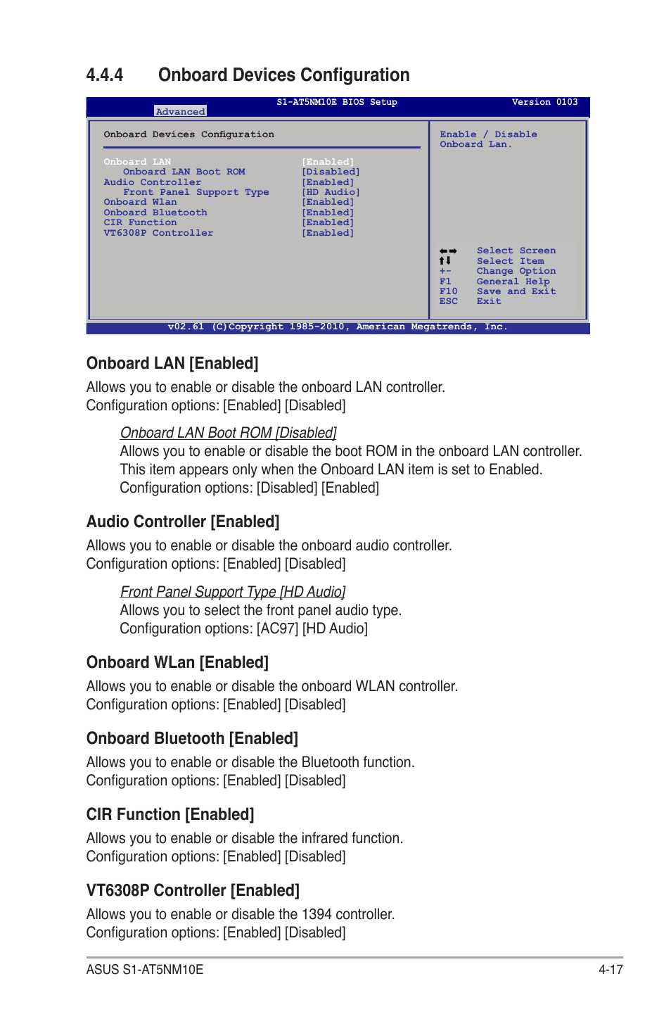 4 onboard devices configuration, Onboard devices configuration -17, Onboard lan [enabled | Audio controller [enabled, Onboard wlan [enabled, Onboard bluetooth [enabled, Cir function [enabled, Vt6308p controller [enabled | Asus S1-AT5NM10E User Manual | Page 55 / 68