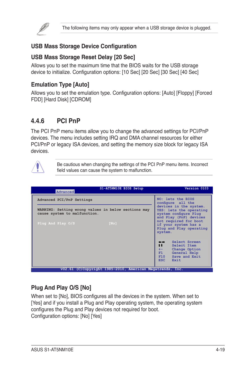 6 pci pnp, Pci pnp -19, Plug and play o/s [no | Emulation type [auto | Asus S1-AT5NM10E User Manual | Page 57 / 68