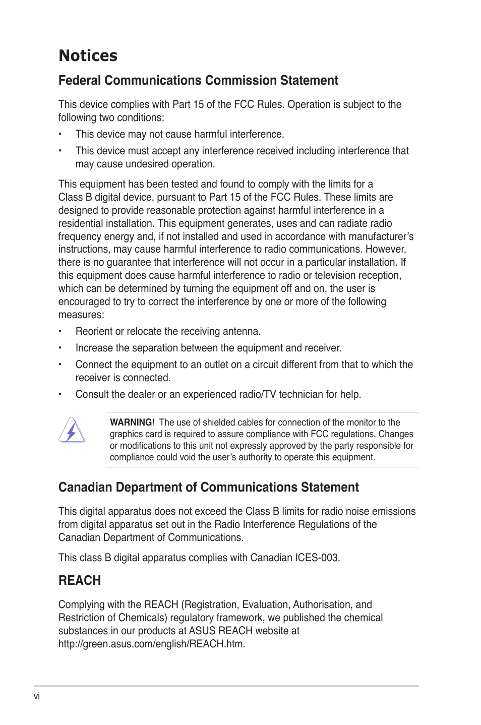 Notices, Federal communications commission statement, Canadian department of communications statement | Reach | Asus S1-AT5NM10E User Manual | Page 6 / 68