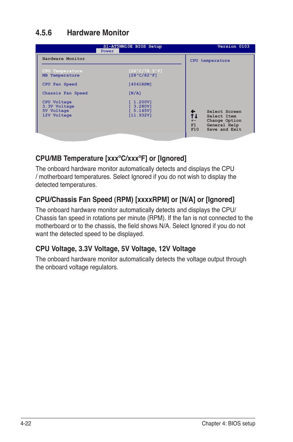 6 hardware monitor, Hardware monitor -22, Cpu/mb temperature [xxxºc/xxxºf] or [ignored | Asus S1-AT5NM10E User Manual | Page 60 / 68