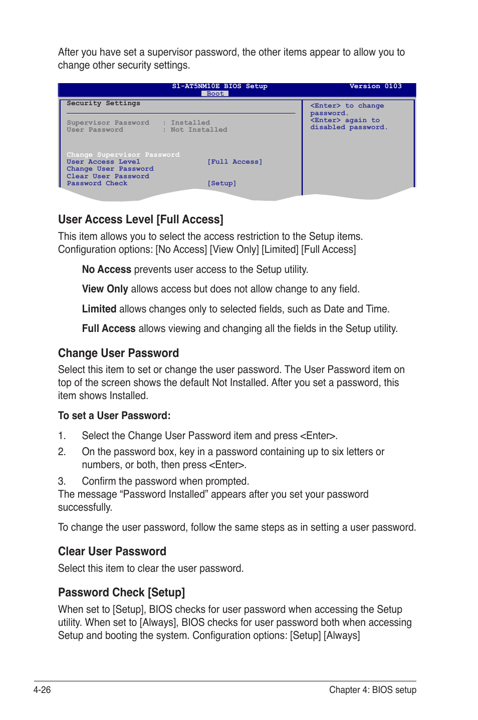 User access level [full access, Change user password, Clear user password | Password check [setup | Asus S1-AT5NM10E User Manual | Page 64 / 68