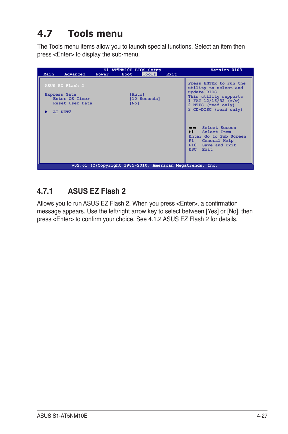 7 tools menu, 1 asus ez flash 2, Tools menu -27 4.7.1 | Asus ez flash 2 -27 | Asus S1-AT5NM10E User Manual | Page 65 / 68