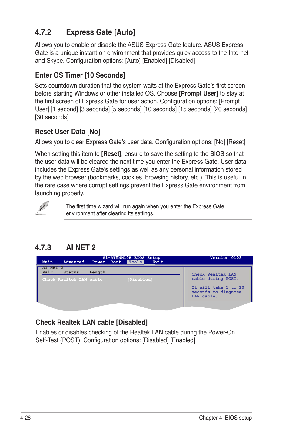 2 express gate, 3 ai net 2, Express gate -28 | Ai net 2 -28, 2 express gate [auto, Check realtek lan cable [disabled, Enter os timer [10 seconds, Reset user data [no | Asus S1-AT5NM10E User Manual | Page 66 / 68