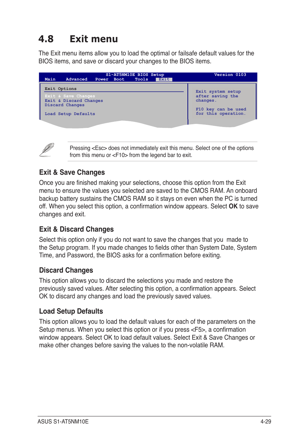 8 exit menu, Exit menu -29, Exit & save changes | Exit & discard changes, Discard changes, Load setup defaults | Asus S1-AT5NM10E User Manual | Page 67 / 68