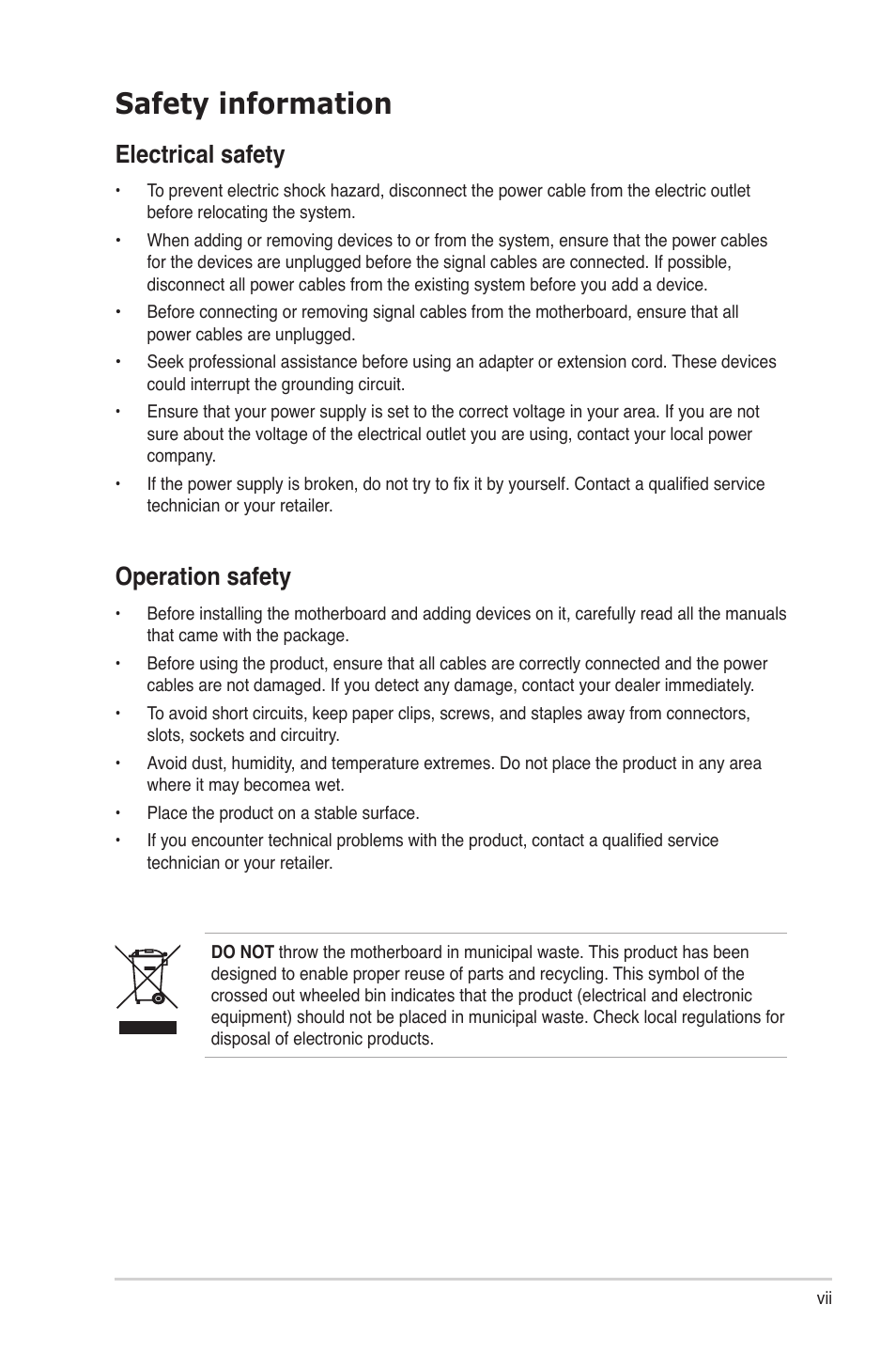 Safety information, Electrical safety, Operation safety | Asus S1-AT5NM10E User Manual | Page 7 / 68