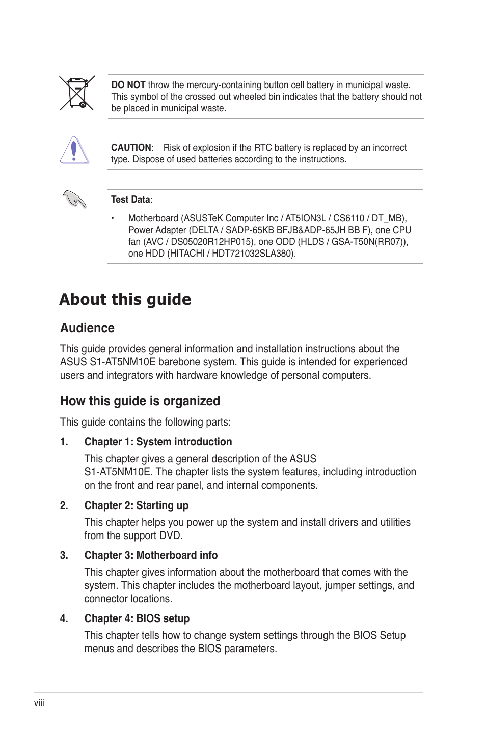 About this guide, Audience, How this guide is organized | Asus S1-AT5NM10E User Manual | Page 8 / 68