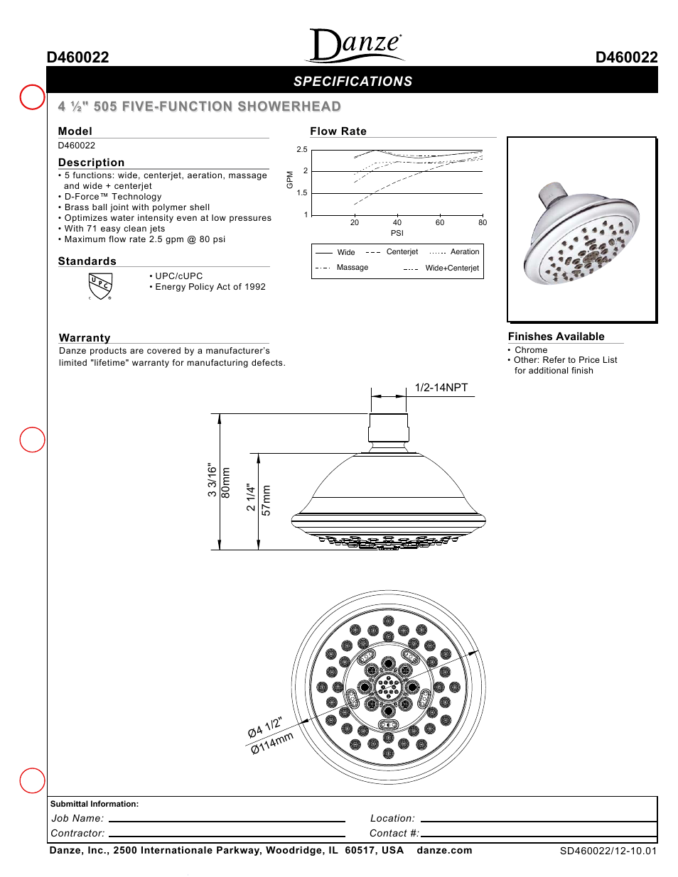 Danze D460022 - Spec Sheets User Manual | 1 page