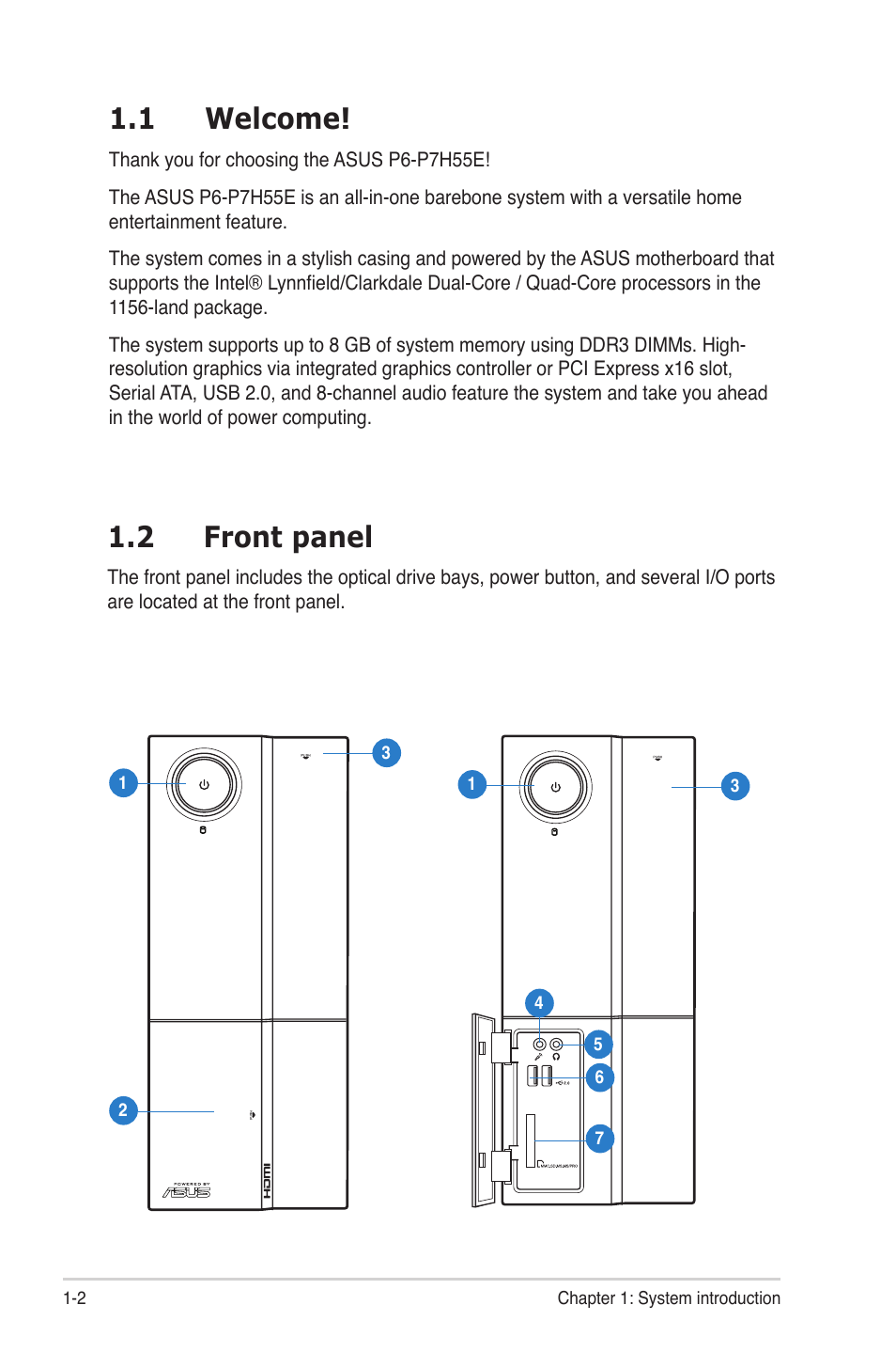 1 welcome, 2 front panel | Asus P6-P7H55E User Manual | Page 11 / 67