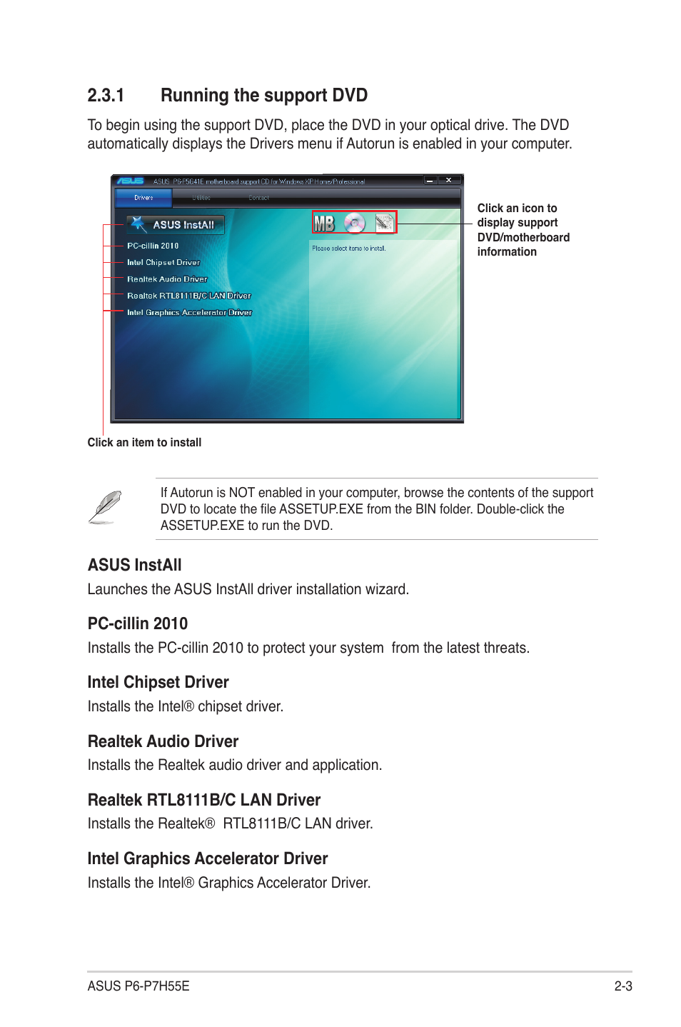 1 running the support dvd | Asus P6-P7H55E User Manual | Page 26 / 67