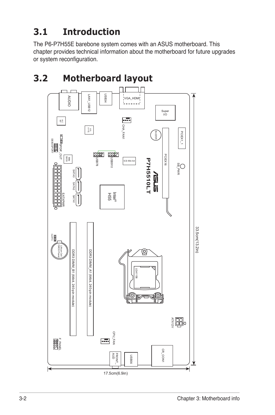 1 introduction, 2 motherboard layout, 2 chapter 3: motherboard info | Asus P6-P7H55E User Manual | Page 32 / 67