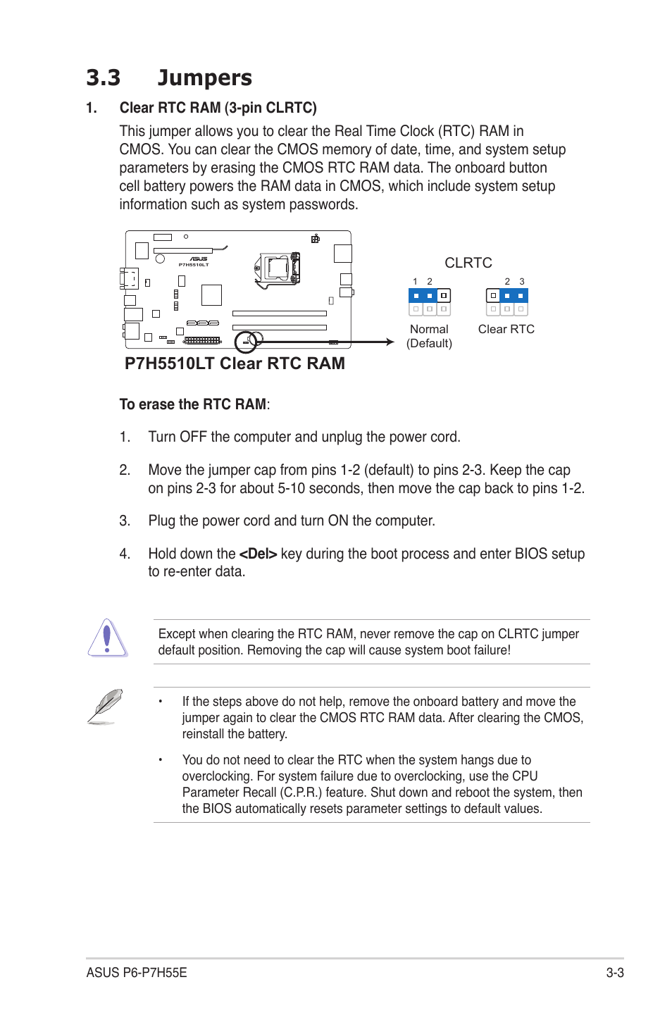 3 jumpers | Asus P6-P7H55E User Manual | Page 33 / 67