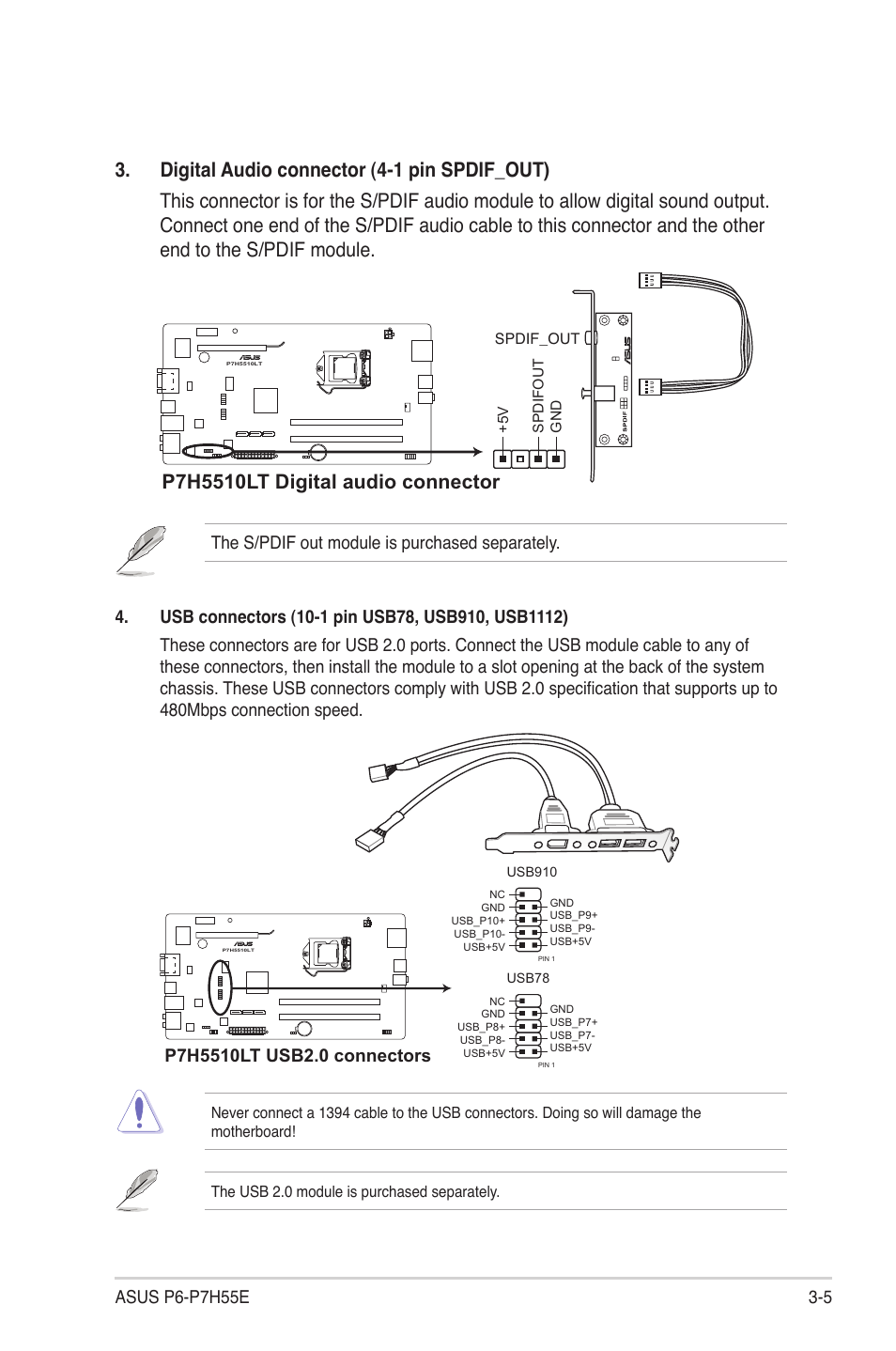 The s/pdif out module is purchased separately | Asus P6-P7H55E User Manual | Page 35 / 67