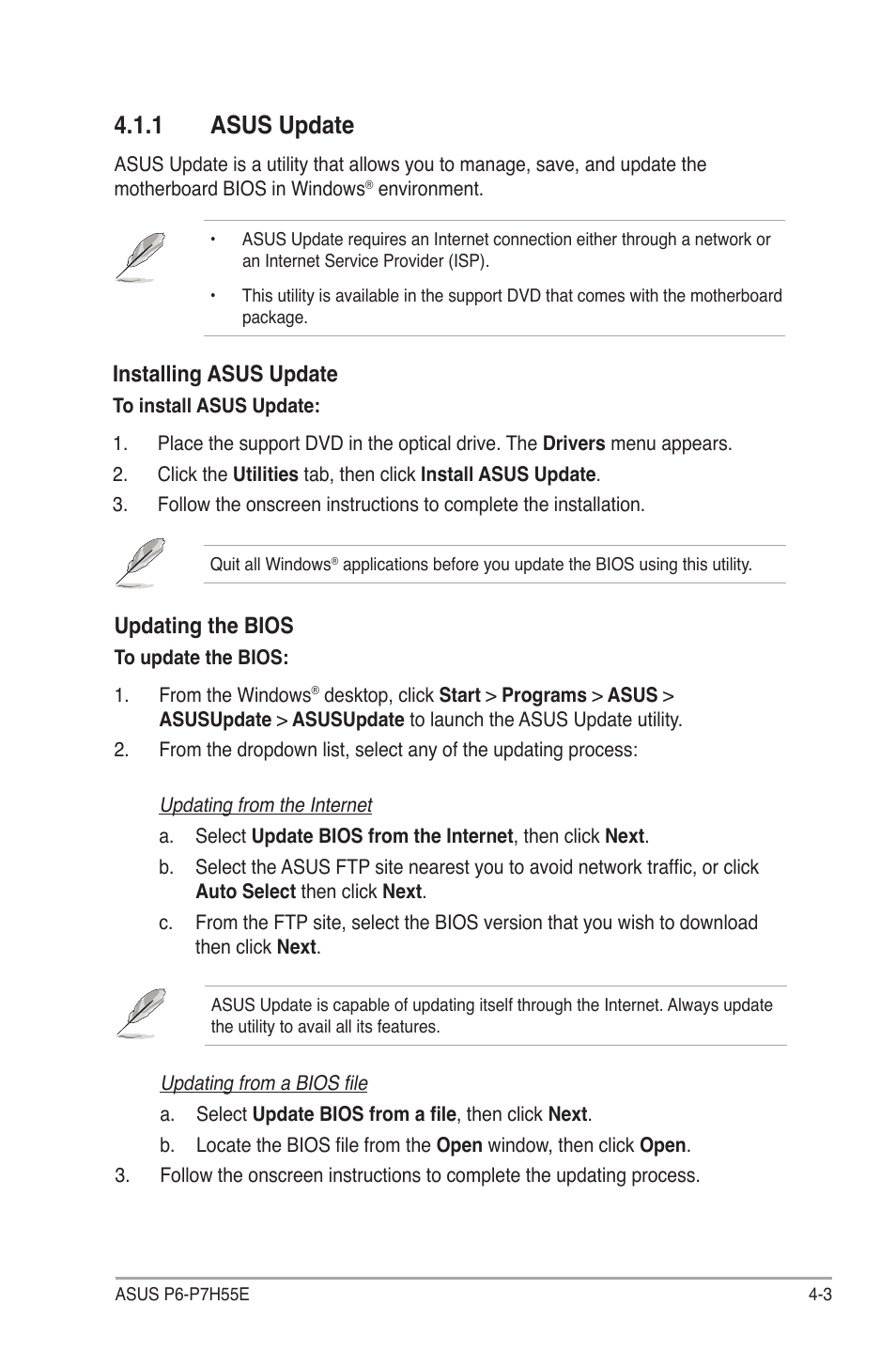 1 asus update, Updating the bios, Installing asus update | Asus P6-P7H55E User Manual | Page 40 / 67