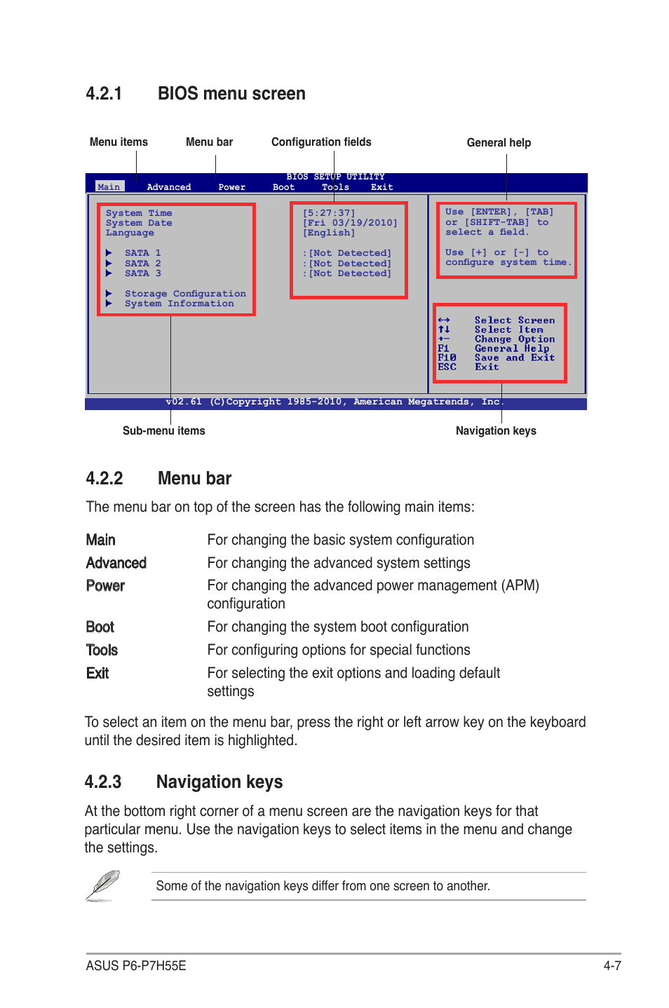 2 menu bar, 1 bios menu screen, 3 navigation keys | Asus P6-P7H55E User Manual | Page 44 / 67