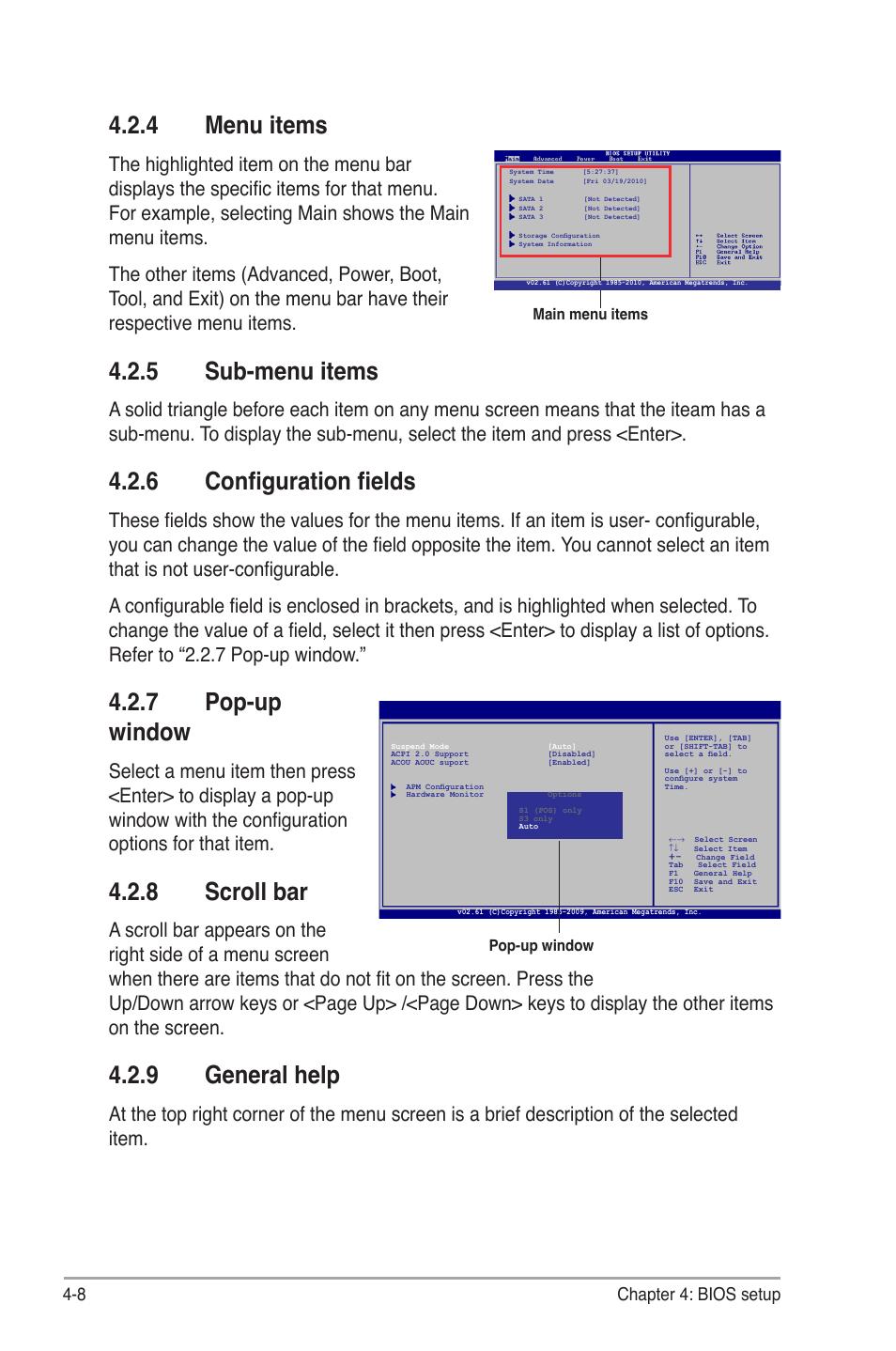 4 menu items, 5 sub-menu items, 6 configuration fields | 7 pop-up window, 8 scroll bar, 9 general help | Asus P6-P7H55E User Manual | Page 45 / 67