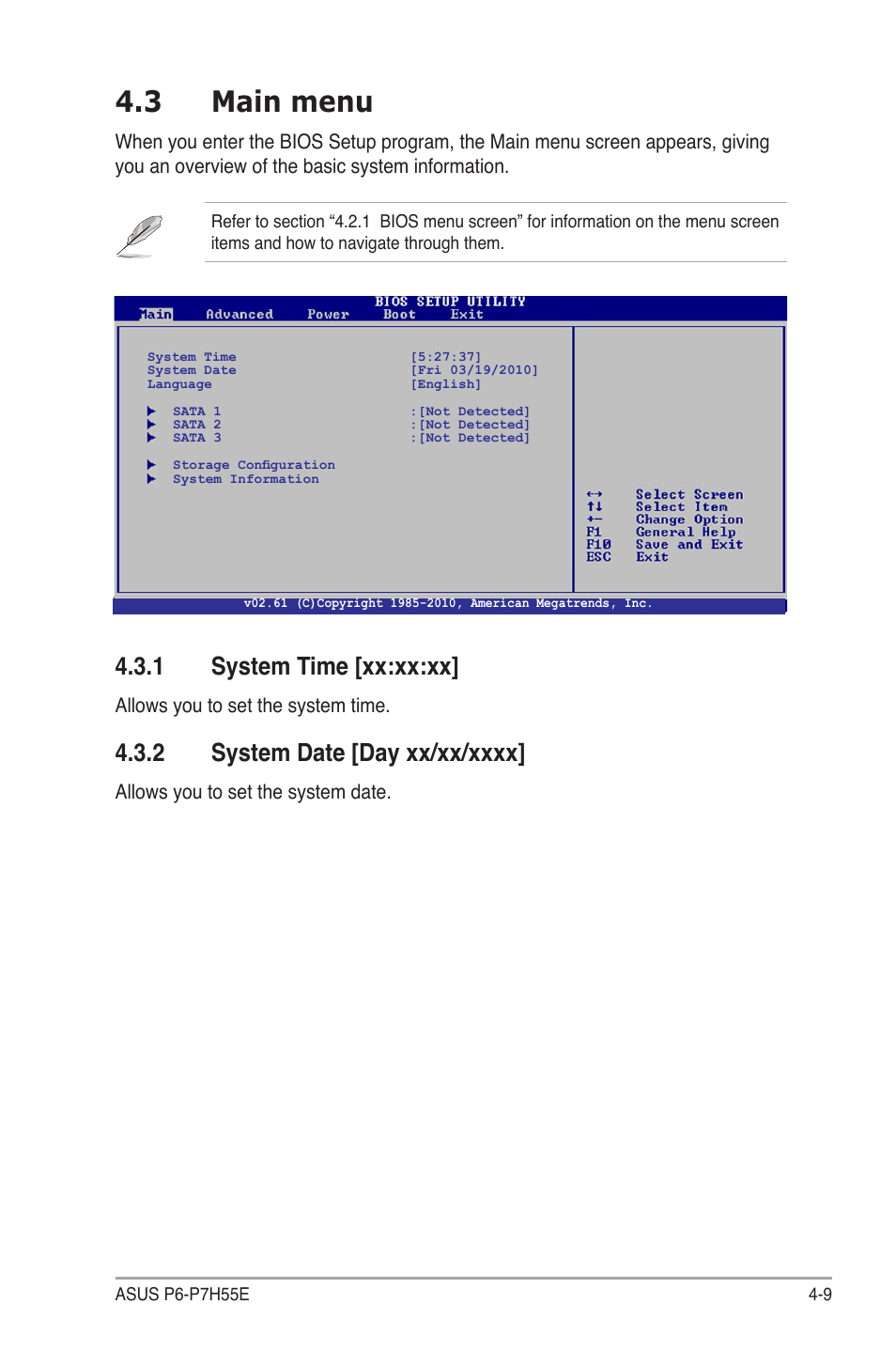 3 main menu, 1 system time [xx:xx:xx, Allows you to set the system time | Allows you to set the system date | Asus P6-P7H55E User Manual | Page 46 / 67