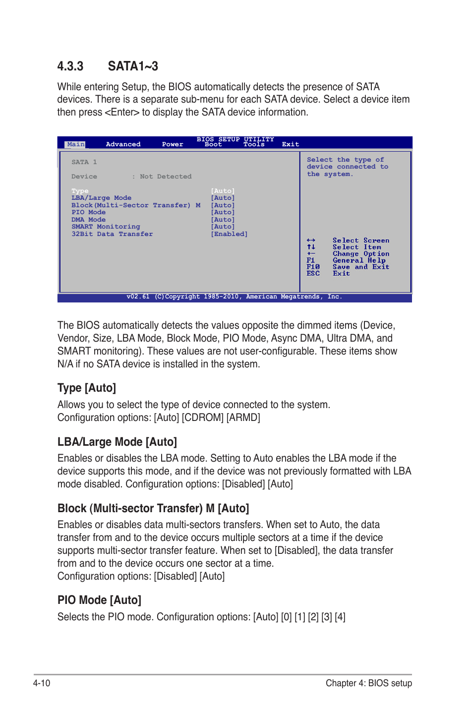 Select the type of device con- nected, 3 sata1~3, Type [auto | Lba/large mode [auto, Block (multi-sector transfer) m [auto, Pio mode [auto | Asus P6-P7H55E User Manual | Page 47 / 67