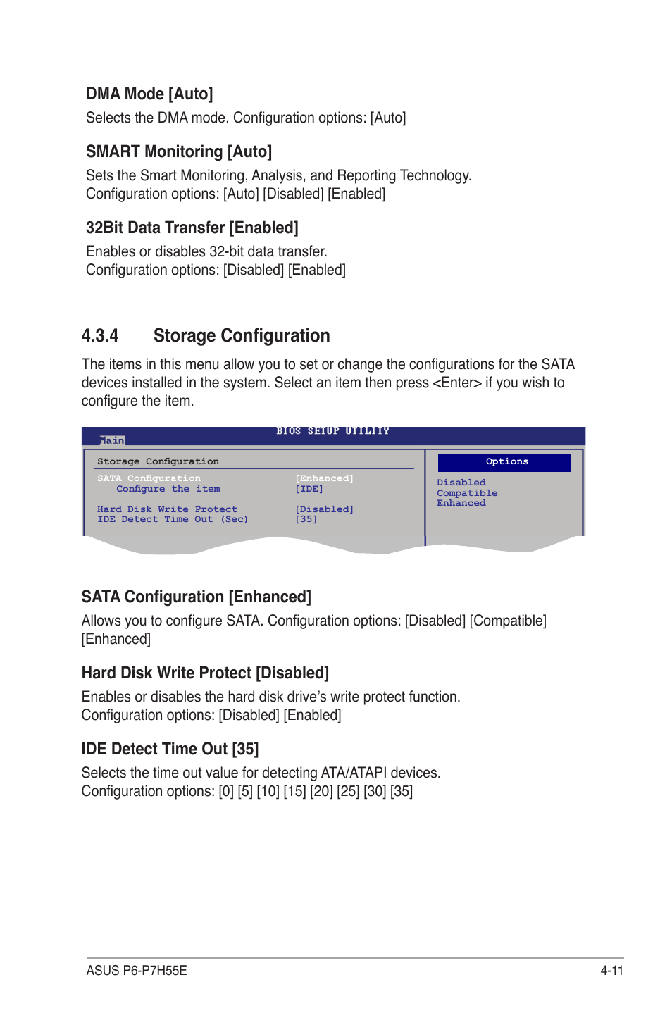 4 storage configuration, Dma mode [auto, Smart monitoring [auto | 32bit data transfer [enabled, Sata configuration [enhanced, Hard disk write protect [disabled, Ide detect time out [35 | Asus P6-P7H55E User Manual | Page 48 / 67