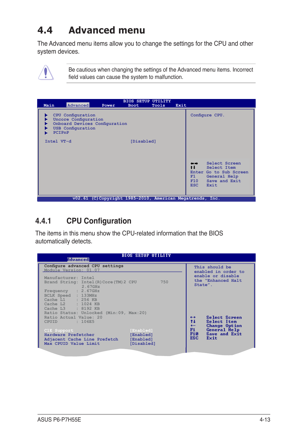 4 advanced menu, 1 cpu configuration | Asus P6-P7H55E User Manual | Page 50 / 67