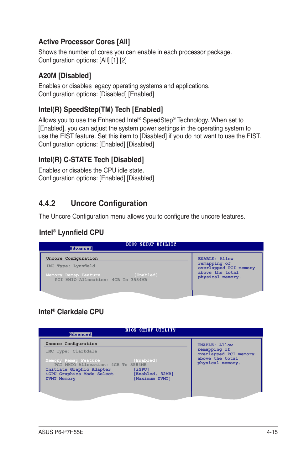 2 uncore configuration, Active processor cores [all, A20m [disabled | Intel(r) speedstep(tm) tech [enabled, Intel(r) c-state tech [disabled, Intel, Lynnfield cpu, Clarkdale cpu, Allows you to use the enhanced intel, Speedstep | Asus P6-P7H55E User Manual | Page 52 / 67