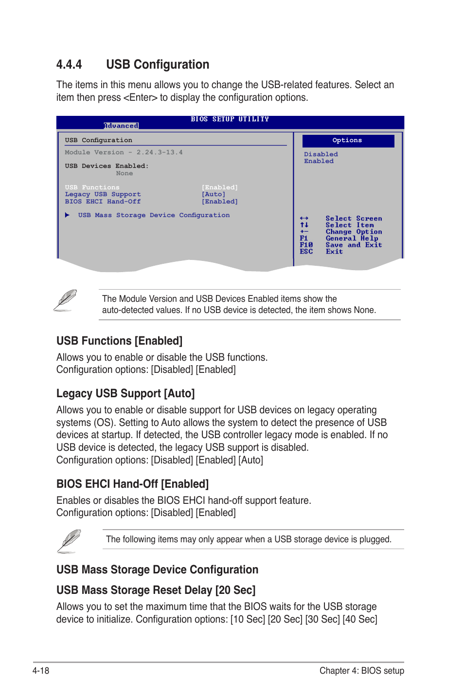 4 usb configuration, Usb functions [enabled, Legacy usb support [auto | Bios ehci hand-off [enabled | Asus P6-P7H55E User Manual | Page 55 / 67