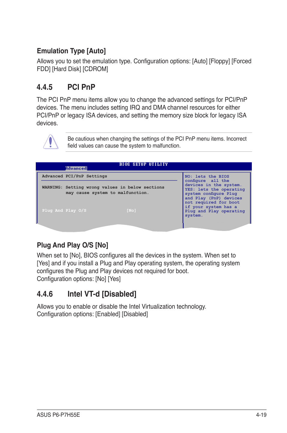 5 pci pnp, 6 intel vt-d [disabled, Plug and play o/s [no | Emulation type [auto | Asus P6-P7H55E User Manual | Page 56 / 67