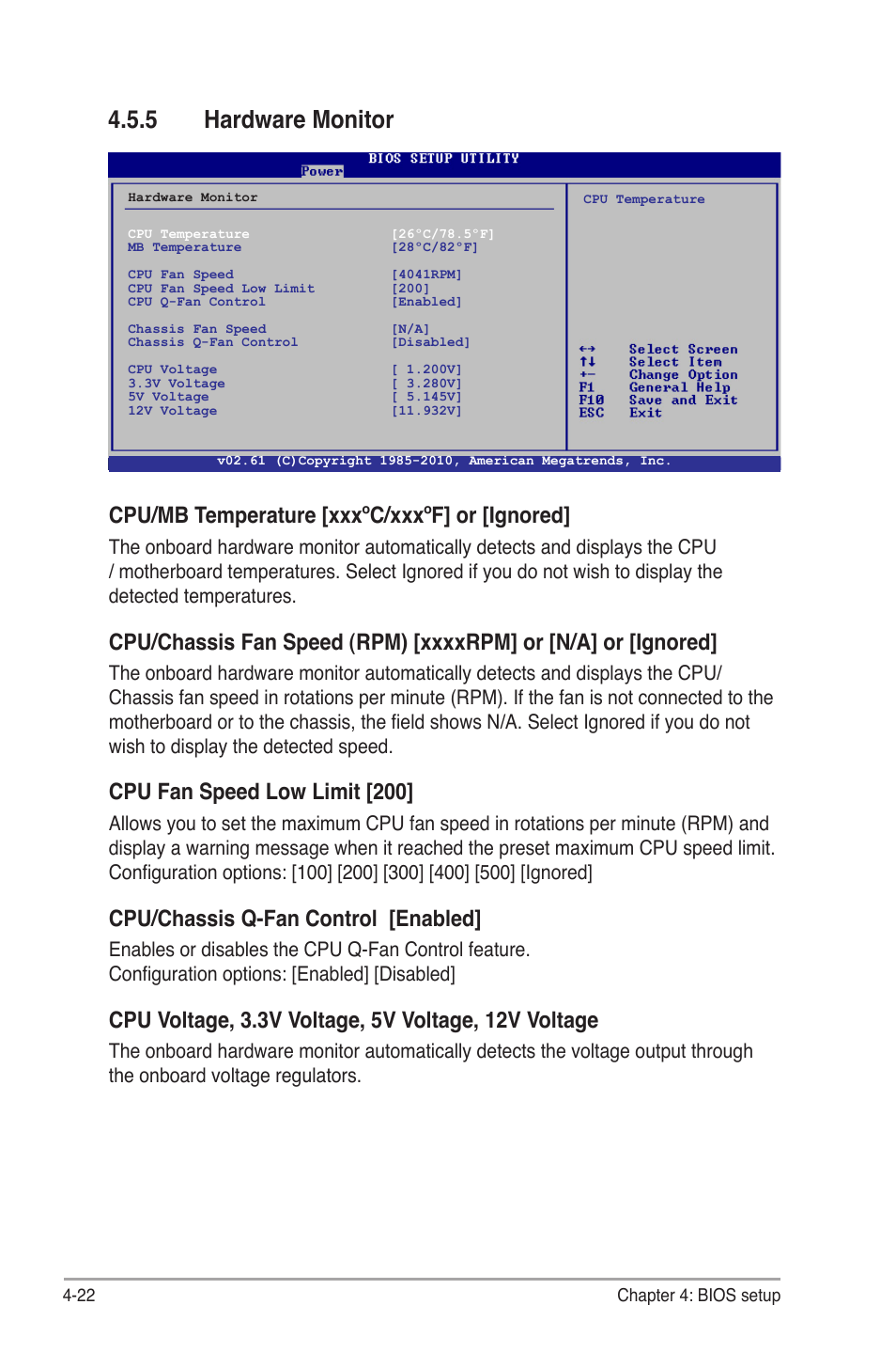 5 hardware monitor, Cpu/mb temperature [xxxºc/xxxºf] or [ignored, Cpu fan speed low limit [200 | Cpu/chassis q-fan control [enabled | Asus P6-P7H55E User Manual | Page 59 / 67