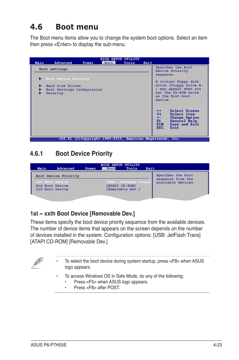 6 boot menu, 1 boot device priority, 1st ~ xxth boot device [removable dev | Asus P6-P7H55E User Manual | Page 60 / 67