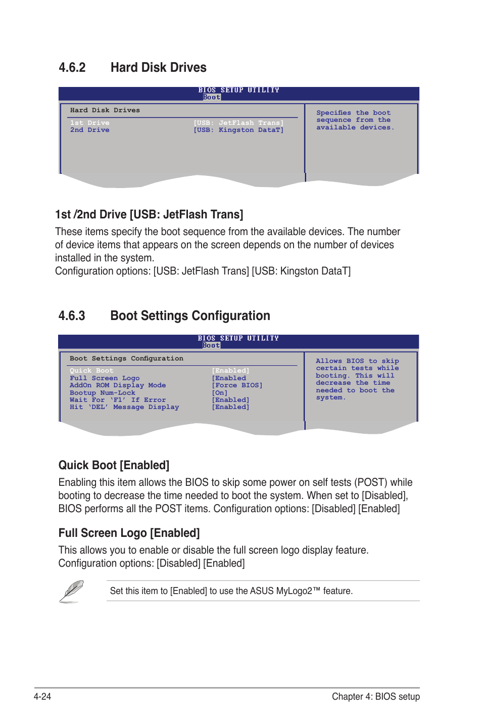 3 boot settings configuration, 2 hard disk drives, Quick boot [enabled | Full screen logo [enabled, 1st /2nd drive [usb: jetflash trans | Asus P6-P7H55E User Manual | Page 61 / 67