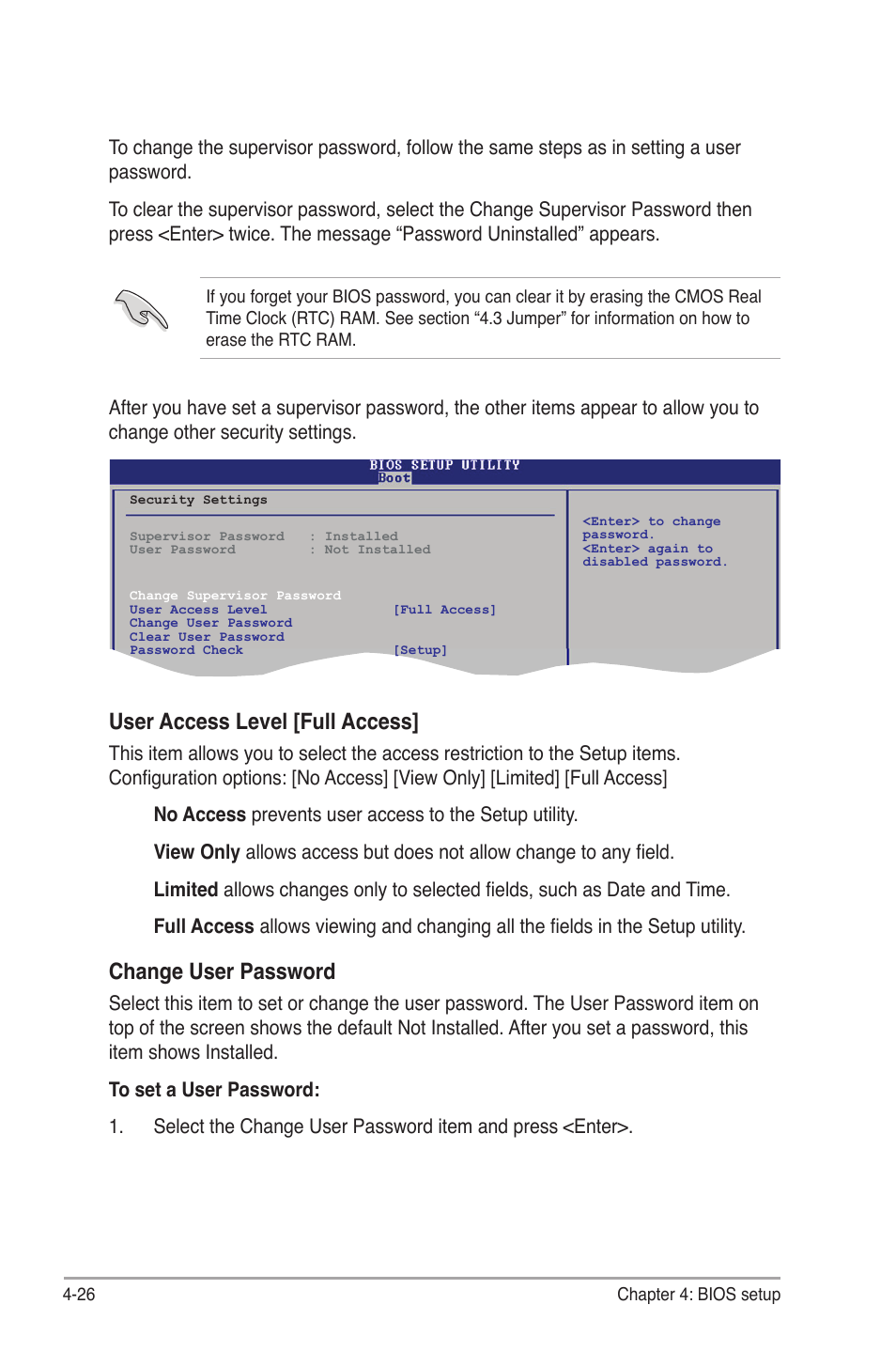 User access level [full access, Change user password | Asus P6-P7H55E User Manual | Page 63 / 67