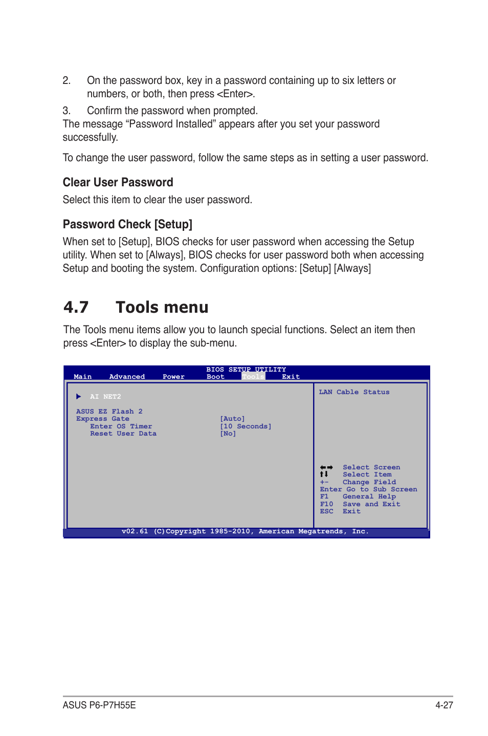 7 tools menu, Clear user password, Password check [setup | Asus P6-P7H55E User Manual | Page 64 / 67