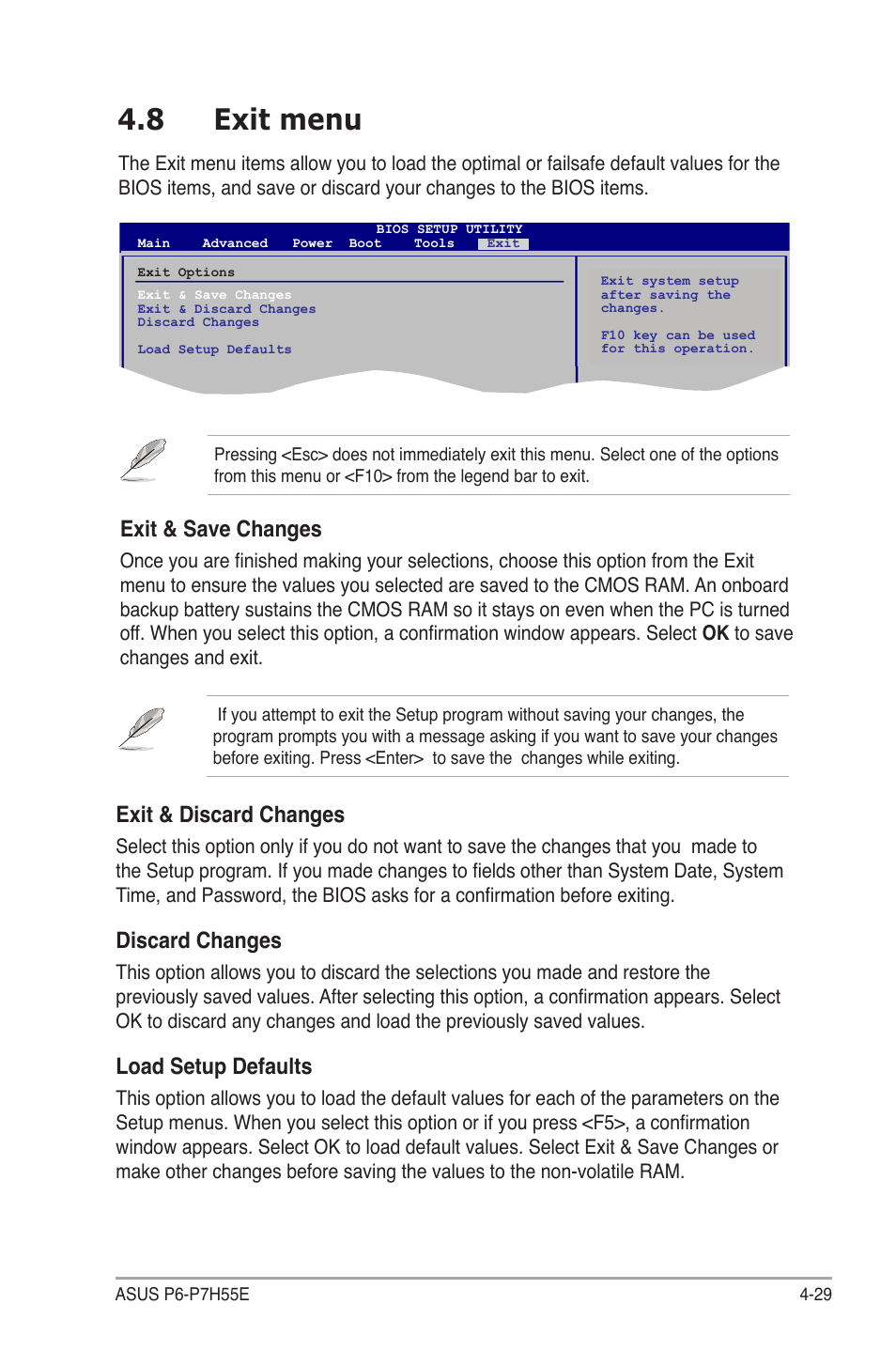 8 exit menu, Exit & discard changes, Discard changes | Load setup defaults, Exit & save changes | Asus P6-P7H55E User Manual | Page 66 / 67